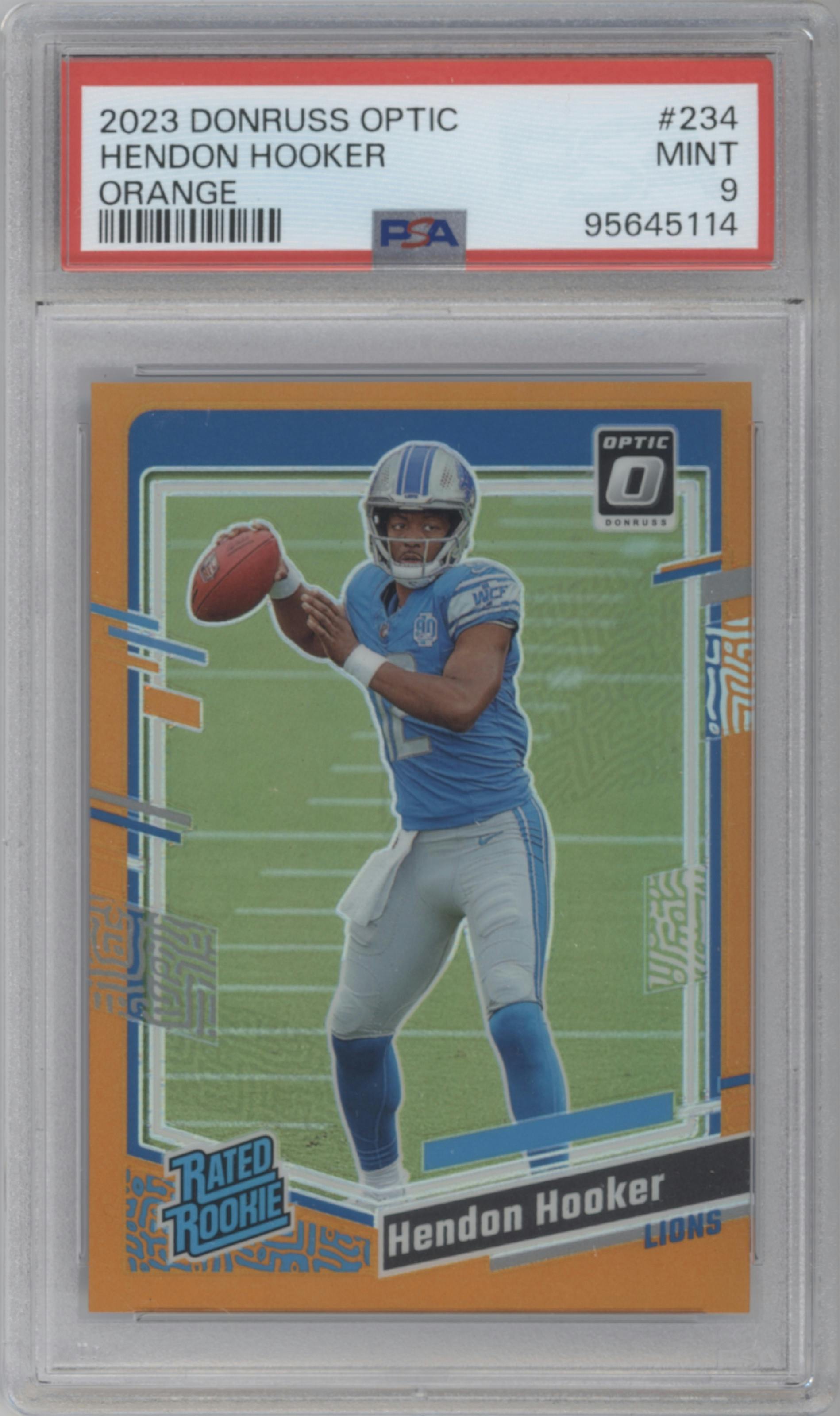 Hendon Hooker from the 2023 Donruss Optic set featuring a Orange parallel graded by PSA and given an overall grade of 9.