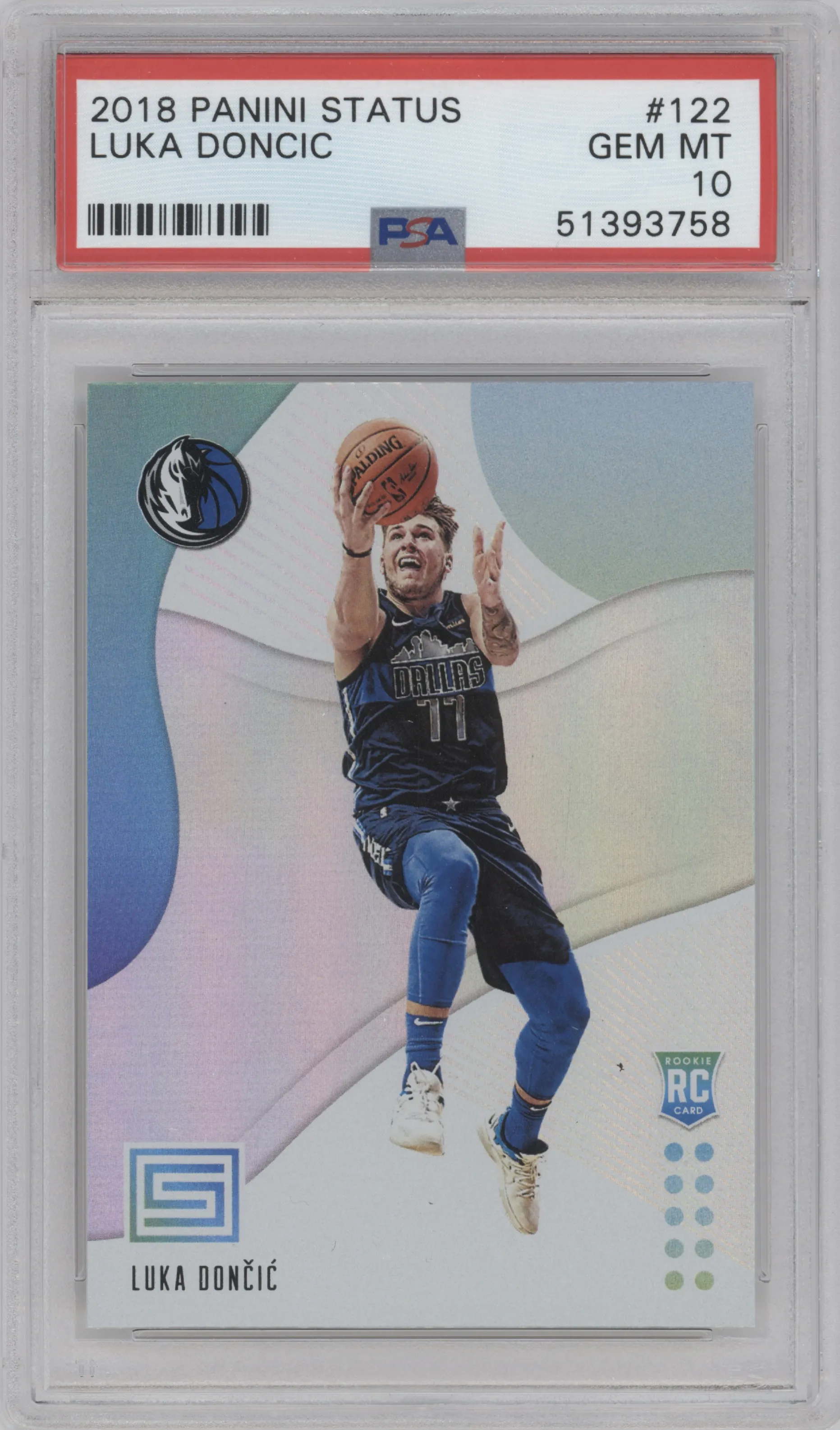 Luka Doncic from the 2018-19 Panini Status set graded by PSA and given an overall grade of 10.