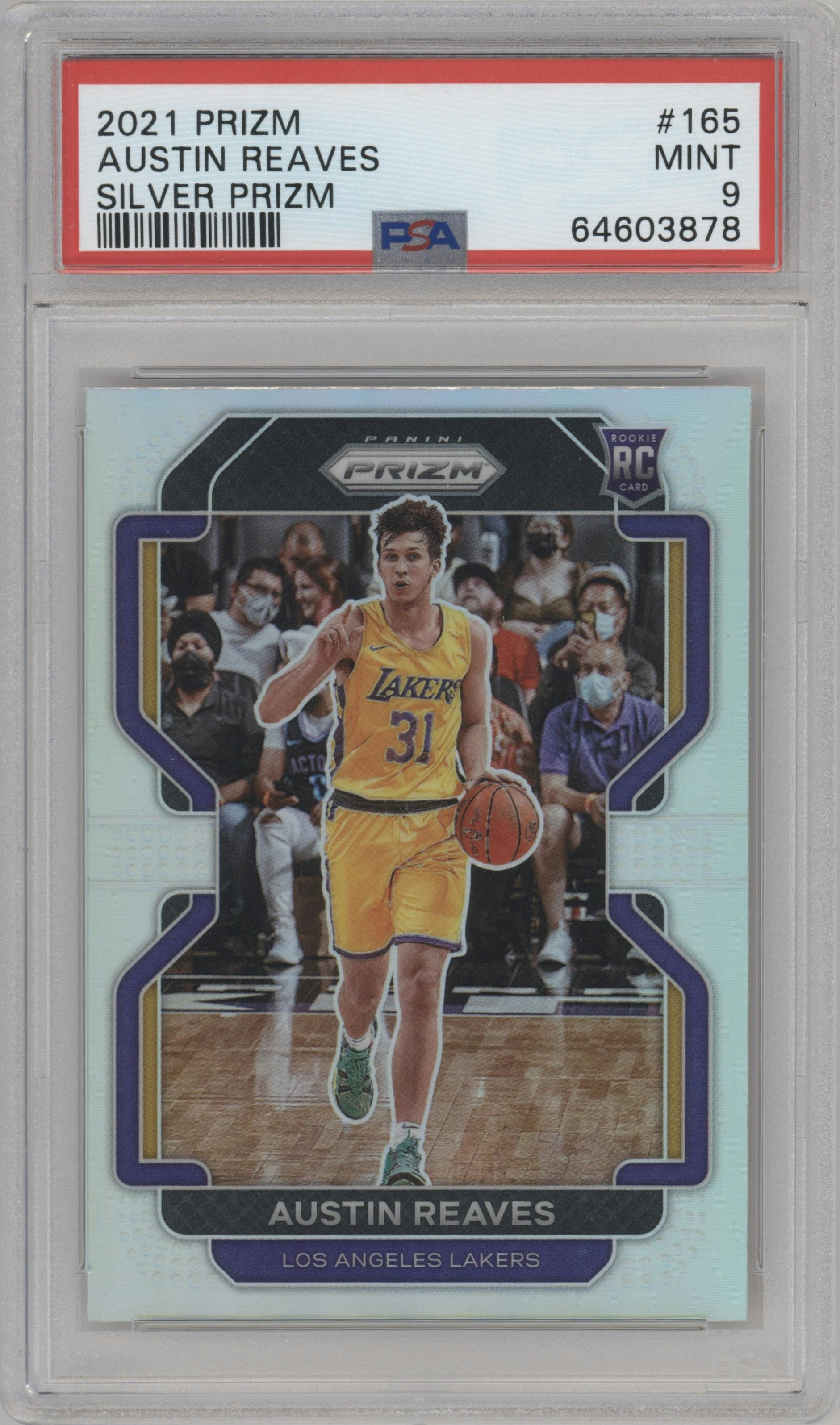 Austin Reaves from the 2021-22 Panini Prizm  set featuring a Silver Prizm parallel graded by PSA and given an overall grade of 9.
