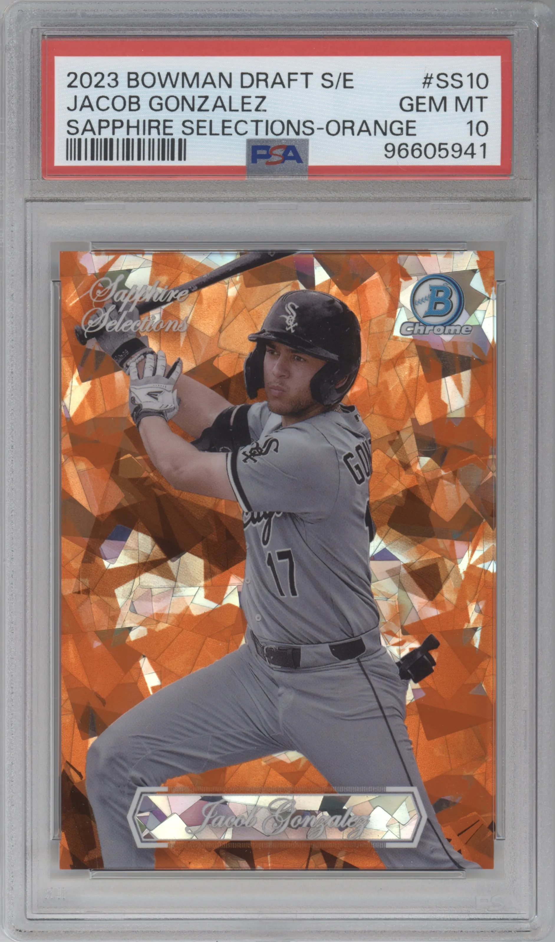 Jacob Gonzalez from the 2023 Bowman Draft Sapphire set featuring a Orange Refractor parallel graded by PSA and given an overall grade of 10.