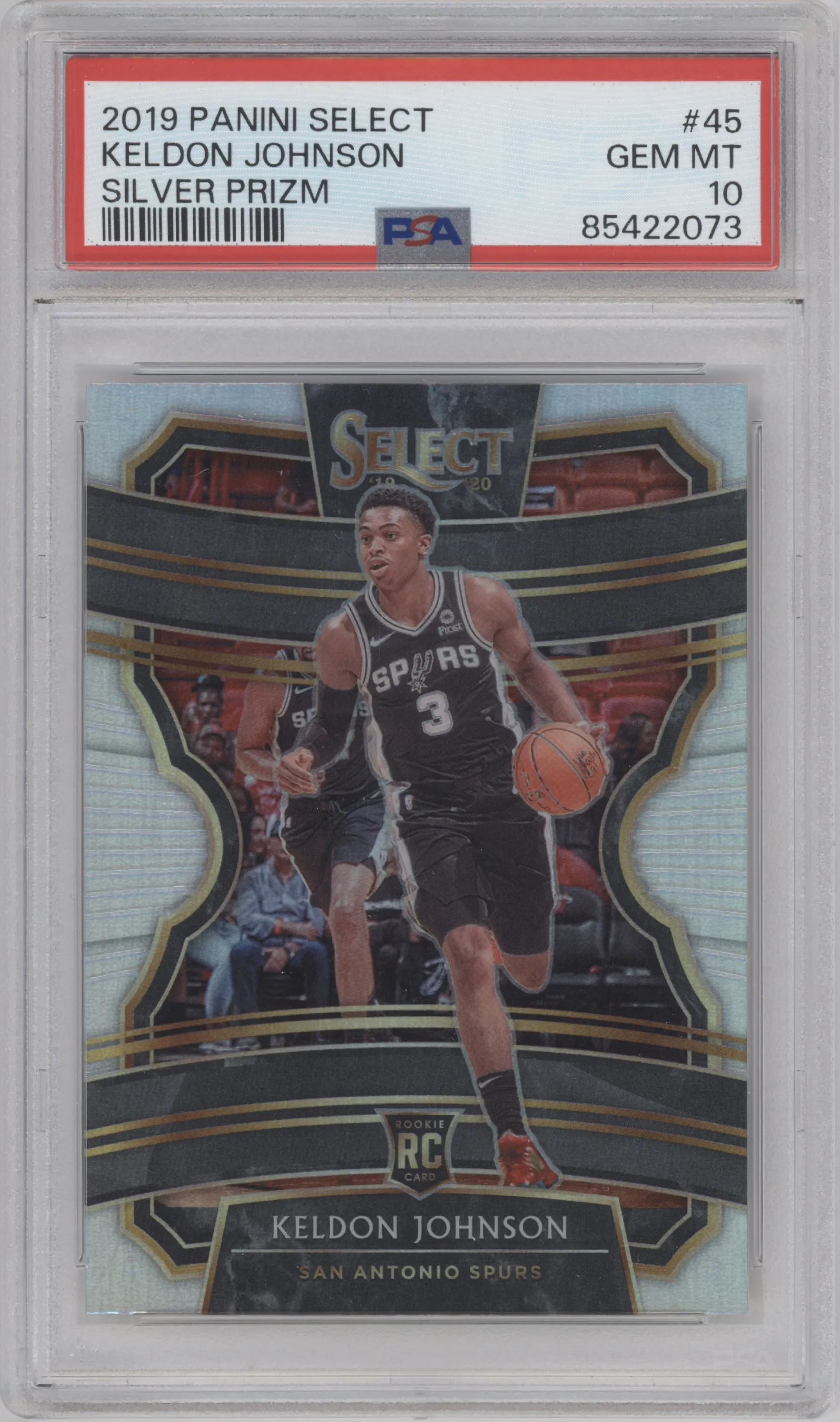 Keldon Johnson from the 2019-20 Panini Select set featuring a Silver Prizm parallel graded by PSA and given an overall grade of 10.