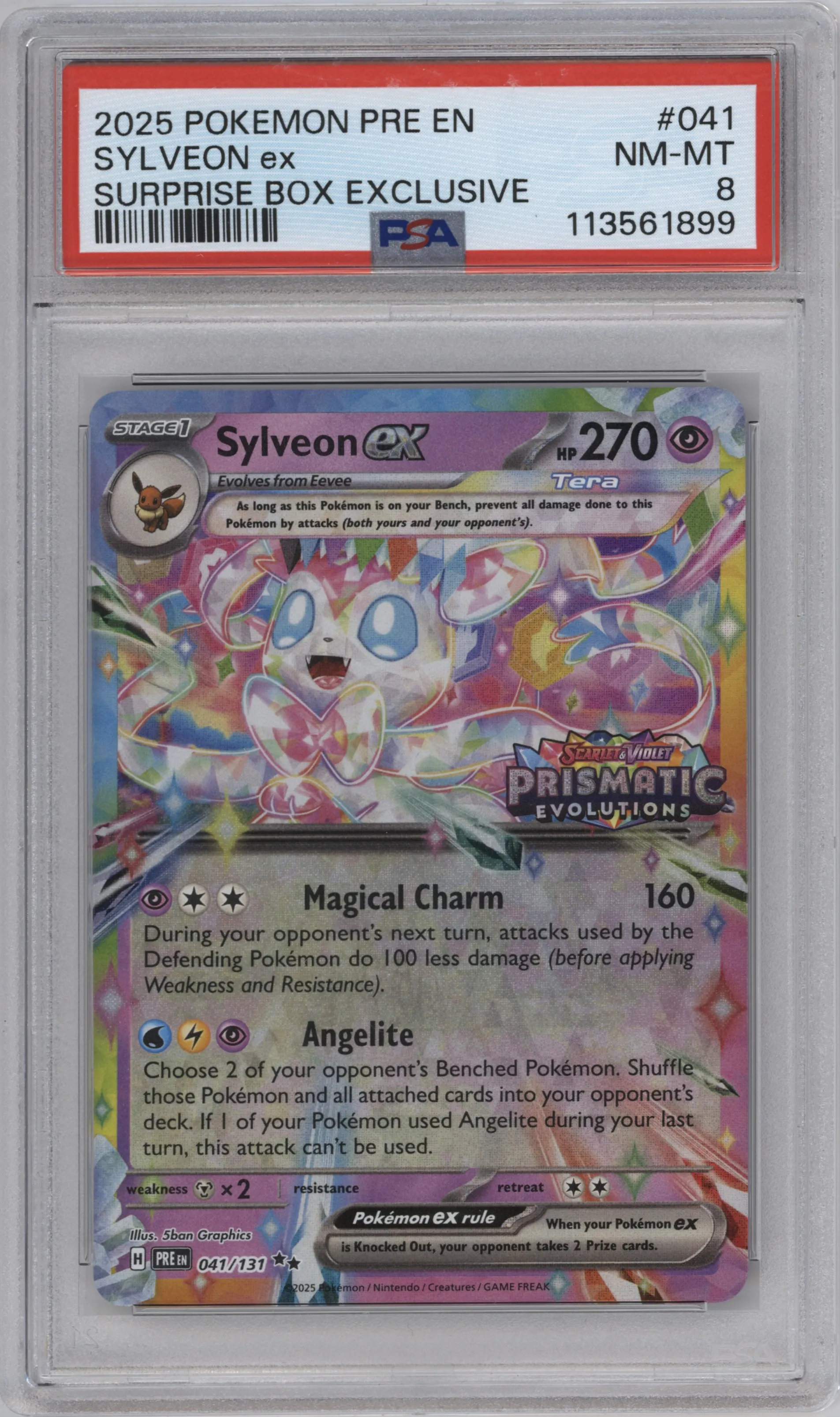 Sylveon ex from the 2025 Pokemon SV set featuring a Prismatic Evolutions Surprise Box parallel graded by PSA and given an overall grade of 8.