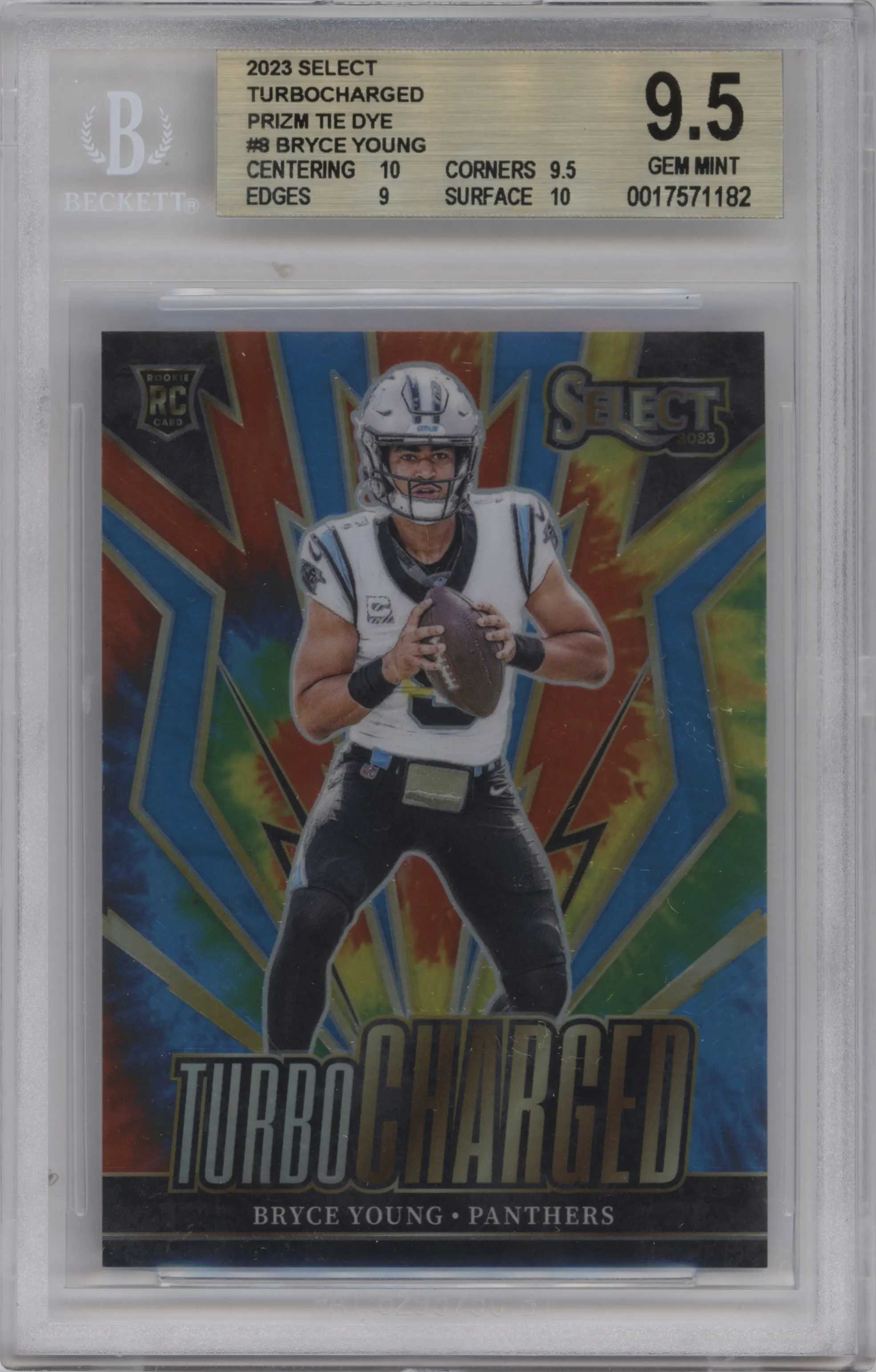 Bryce Young from the 2023 Panini Select set featuring a Tie-Dye Prizm parallel graded by Beckett and given an overall grade of 9.5.