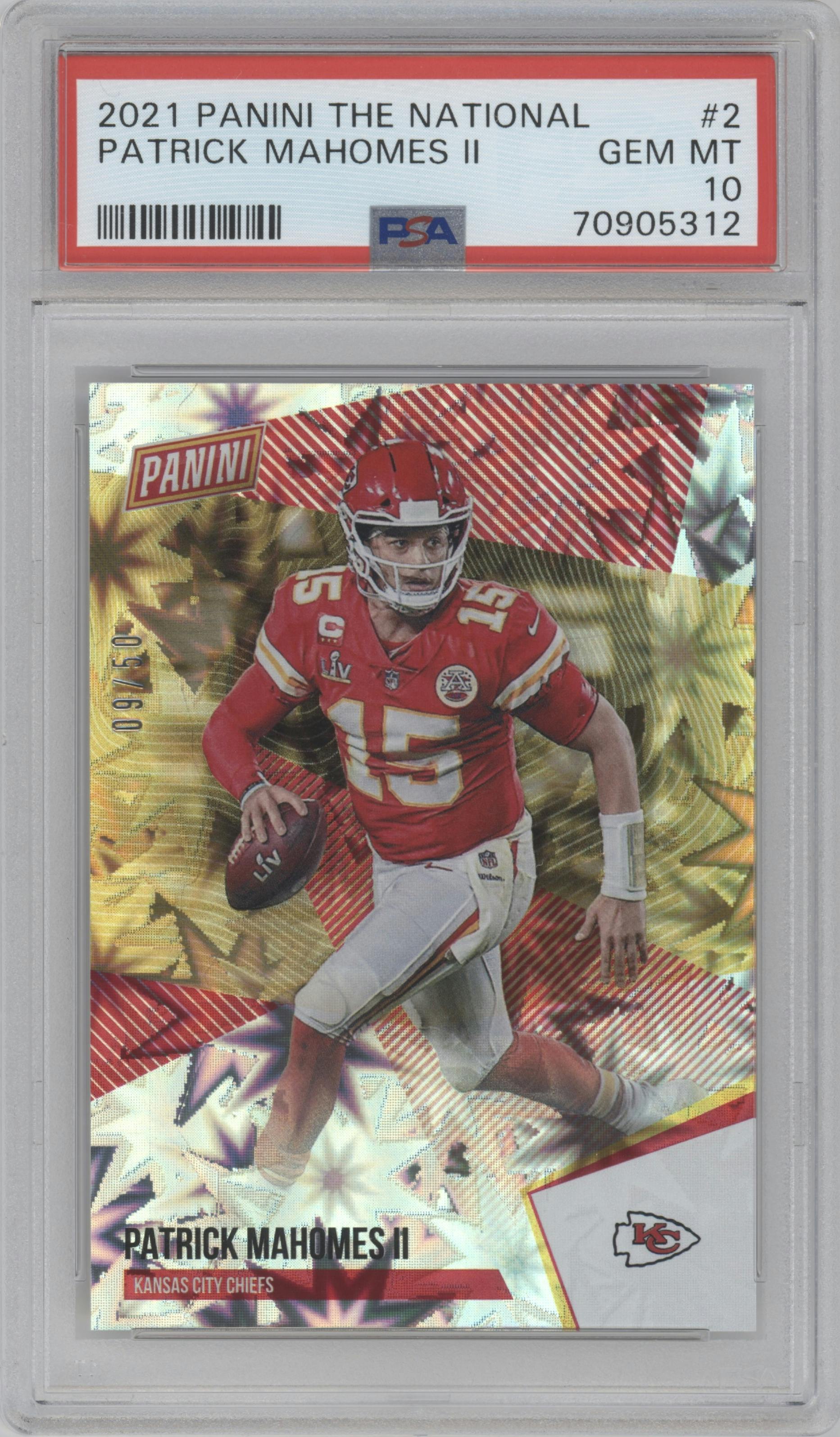 Patrick Mahomes II from the 2021 Panini The National VIP set graded by PSA and given an overall grade of 10.