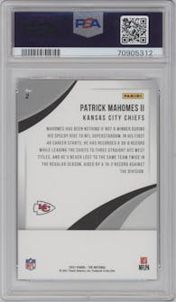 Patrick Mahomes II from the 2021 Panini The National VIP set graded by PSA and given an overall grade of 10.