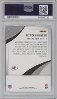Patrick Mahomes II from the 2021 Panini The National VIP set graded by PSA and given an overall grade of 10.