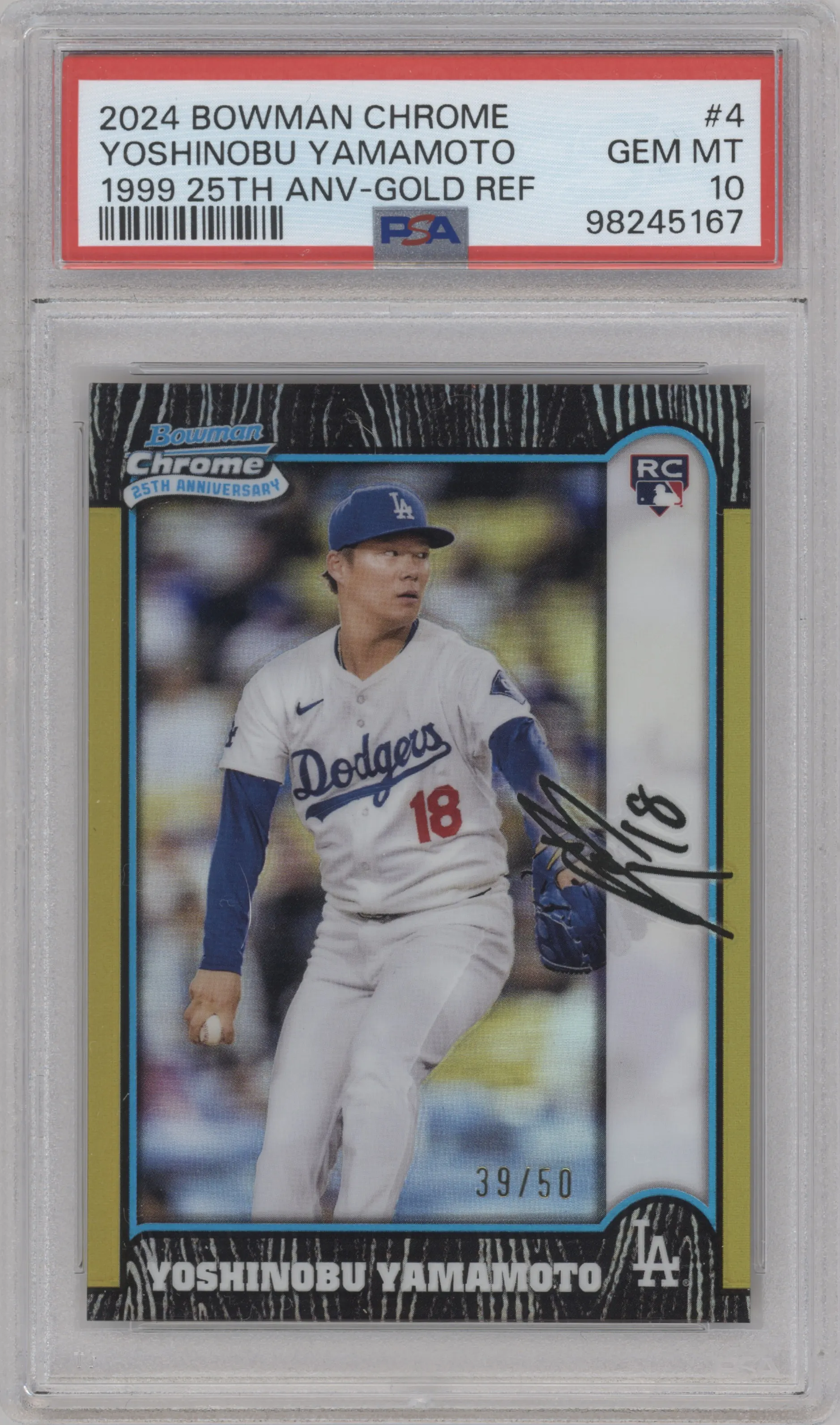 Yoshinobu Yamamoto from the 2024 Bowman Chrome set featuring a Gold Refractor parallel graded by PSA and given an overall grade of 10.