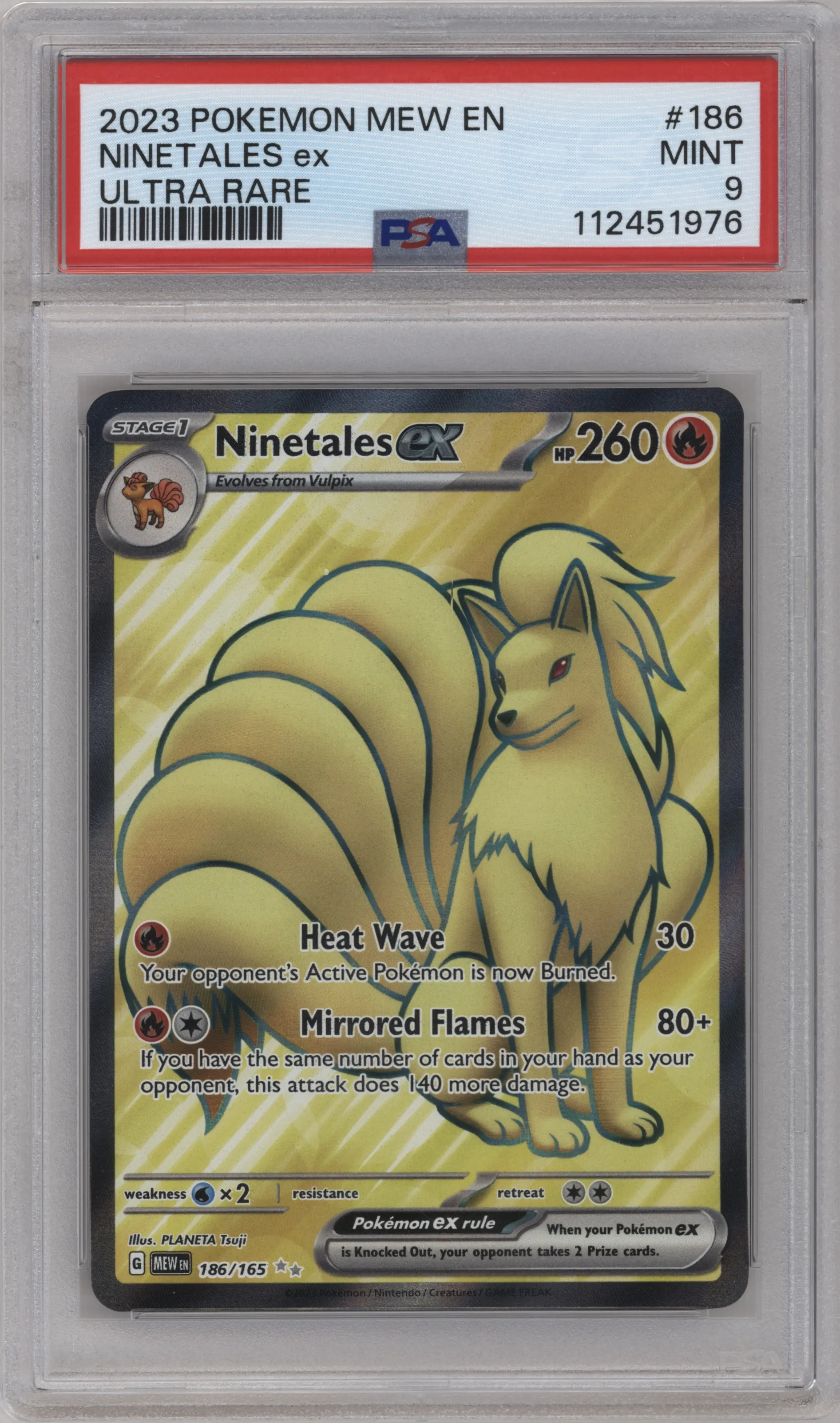 Ninetales EX from the 2023 Pokemon SV set graded by PSA and given an overall grade of 9.