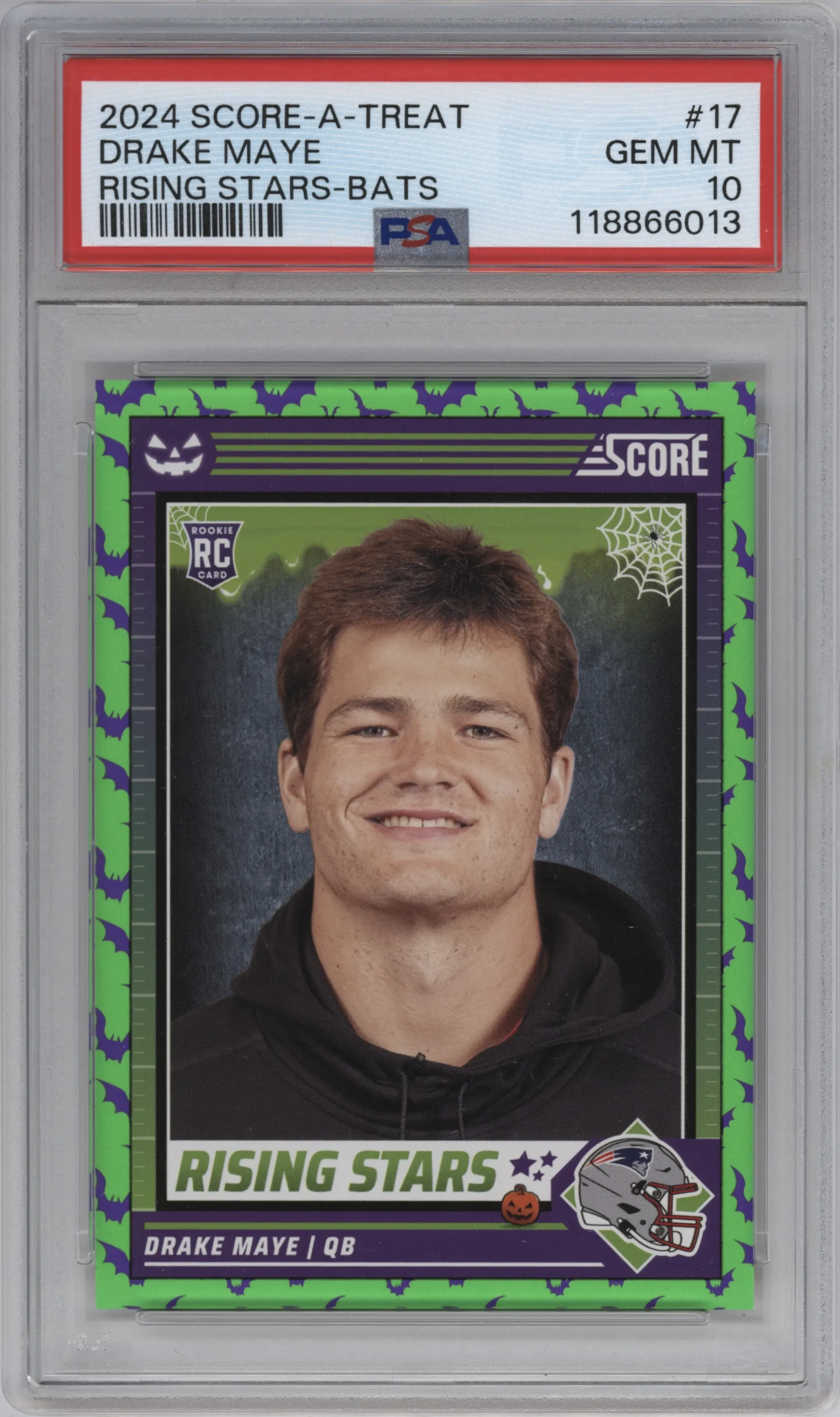 Drake Maye from the 2024 Score-a-Treat set featuring a Bats parallel graded by PSA and given an overall grade of 10.