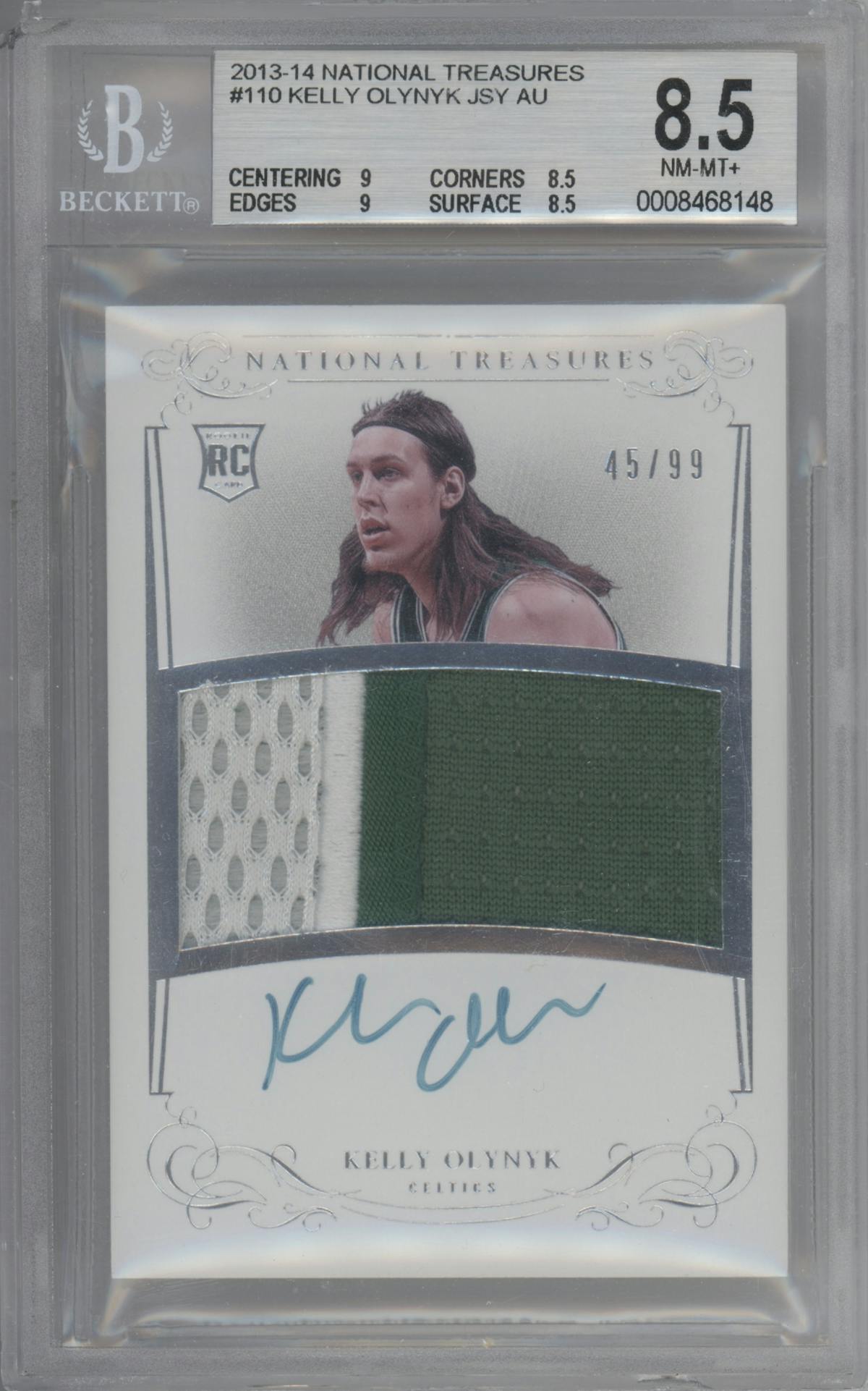 Kelly Olynyk from the 2013-14 Panini National Treasures set graded by Beckett and given an overall grade of 8.5.