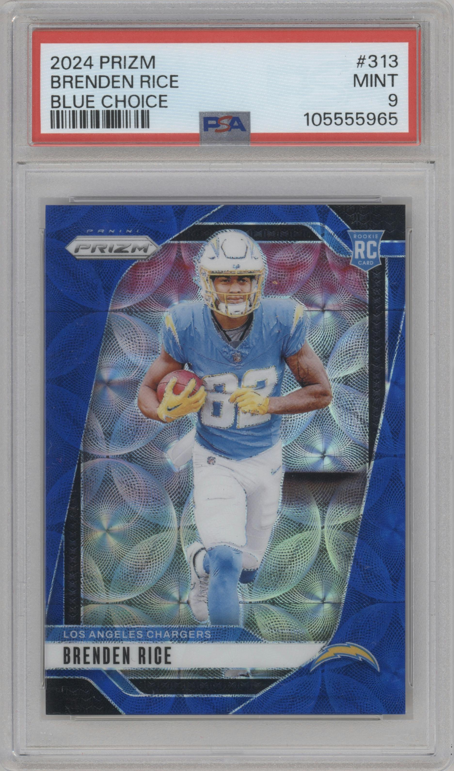 Brenden Rice from the 2024 Panini Prizm set featuring a Choice Blue parallel graded by PSA and given an overall grade of 9.