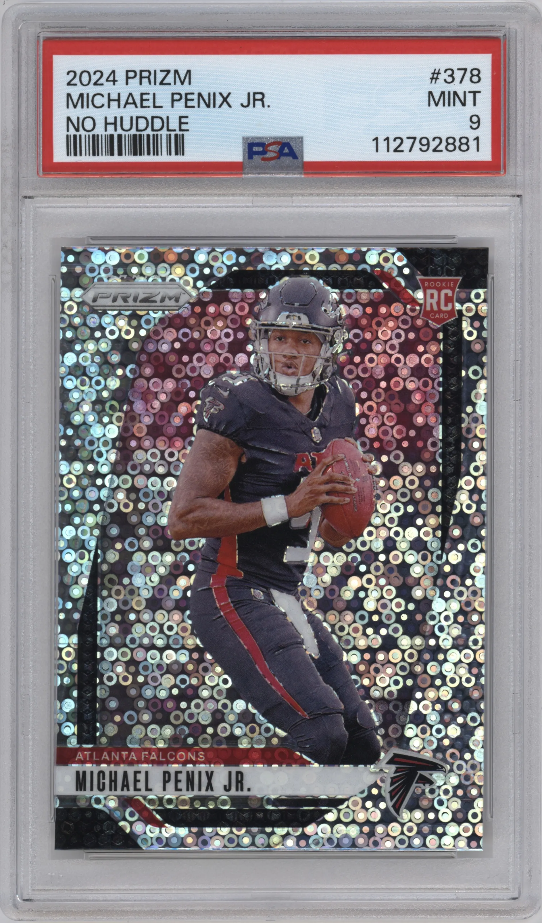 Michael Penix Jr. from the 2024 Panini Prizm set featuring a No Huddle parallel graded by PSA and given an overall grade of 9.