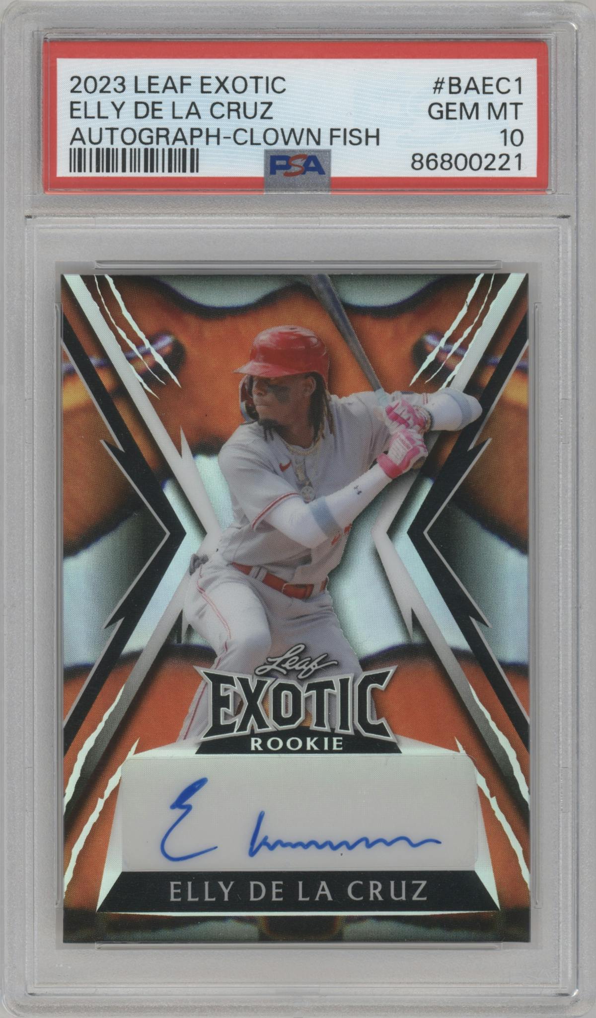 Elly De La Cruz from the 2023 Leaf Exotic  set featuring a Prismatic Clown Fish parallel graded by PSA and given an overall grade of 10.