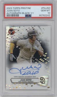 Juan Soto from the 2023 Topps Pristine set featuring a Black parallel graded by PSA and given an overall grade of 10.