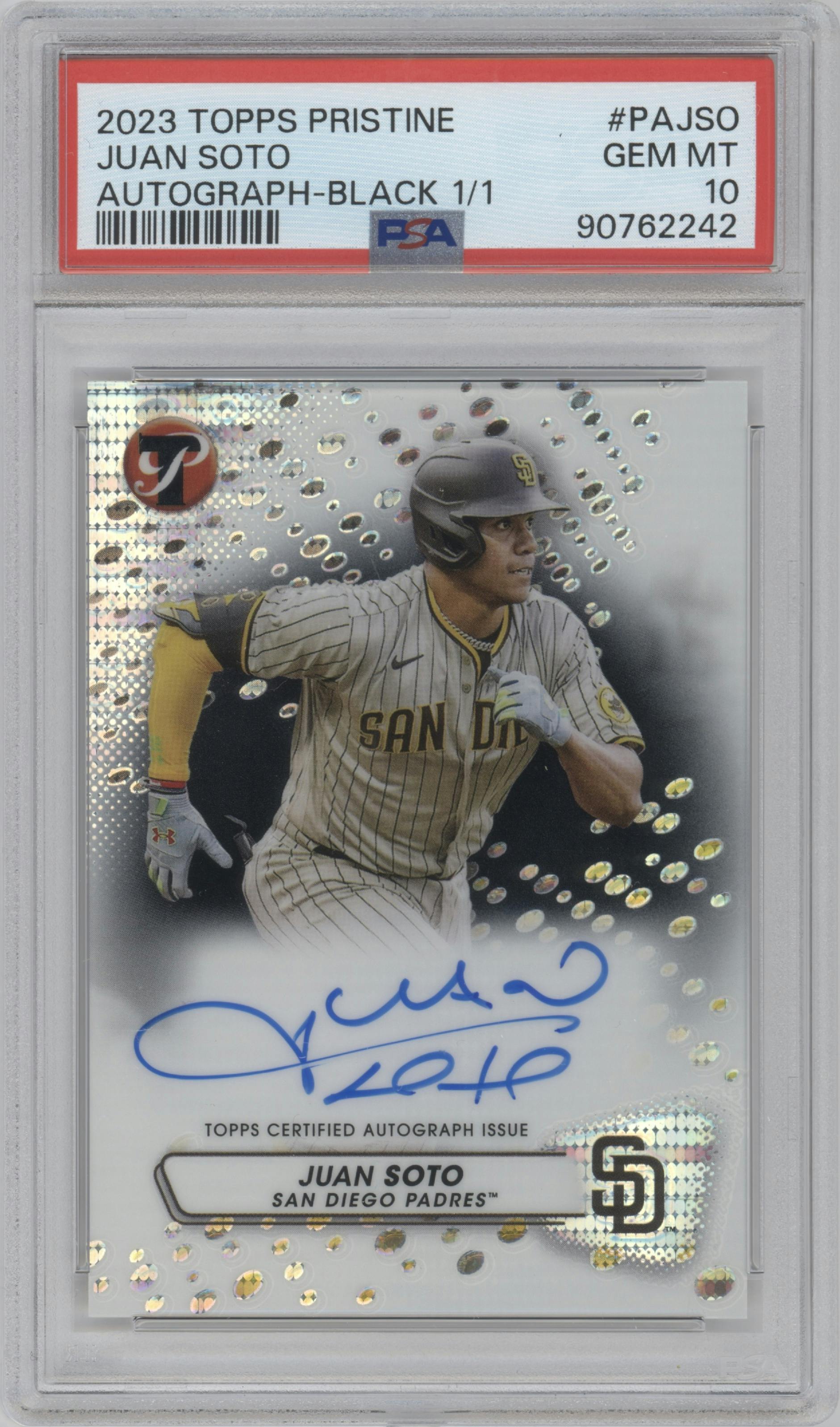 Juan Soto from the 2023 Topps Pristine set featuring a Black parallel graded by PSA and given an overall grade of 10.