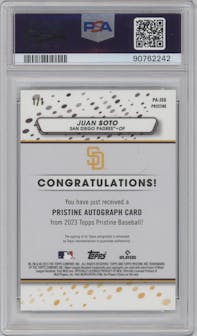 Juan Soto from the 2023 Topps Pristine set featuring a Black parallel graded by PSA and given an overall grade of 10.
