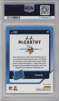 J.J. McCarthy from the 2024 Donruss set graded by PSA and given an overall grade of 10.