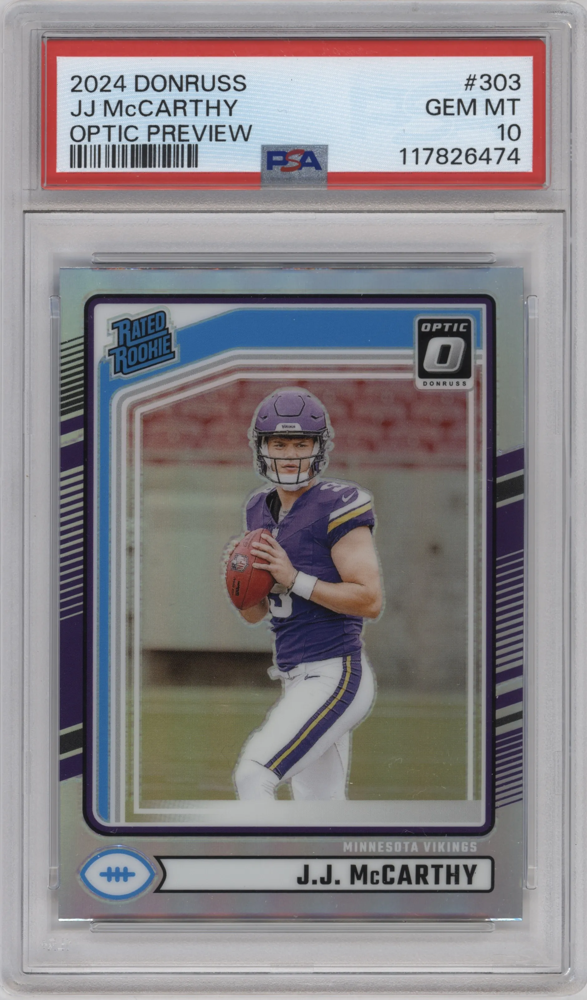 J.J. McCarthy from the 2024 Donruss set graded by PSA and given an overall grade of 10.