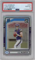 J.J. McCarthy from the 2024 Donruss set graded by PSA and given an overall grade of 10.