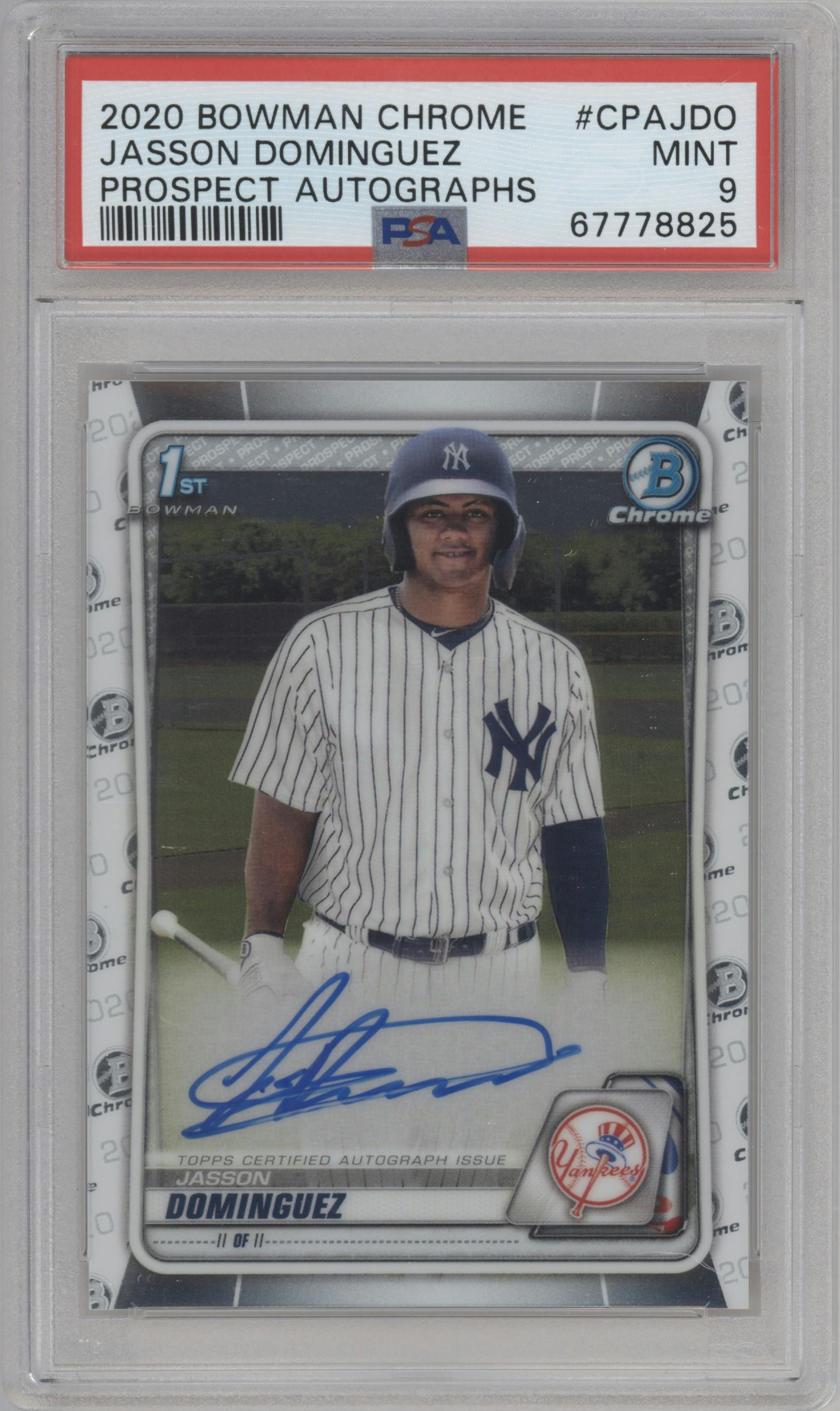 Jasson Dominguez from the 2020 Bowman set graded by PSA and given an overall grade of 9.