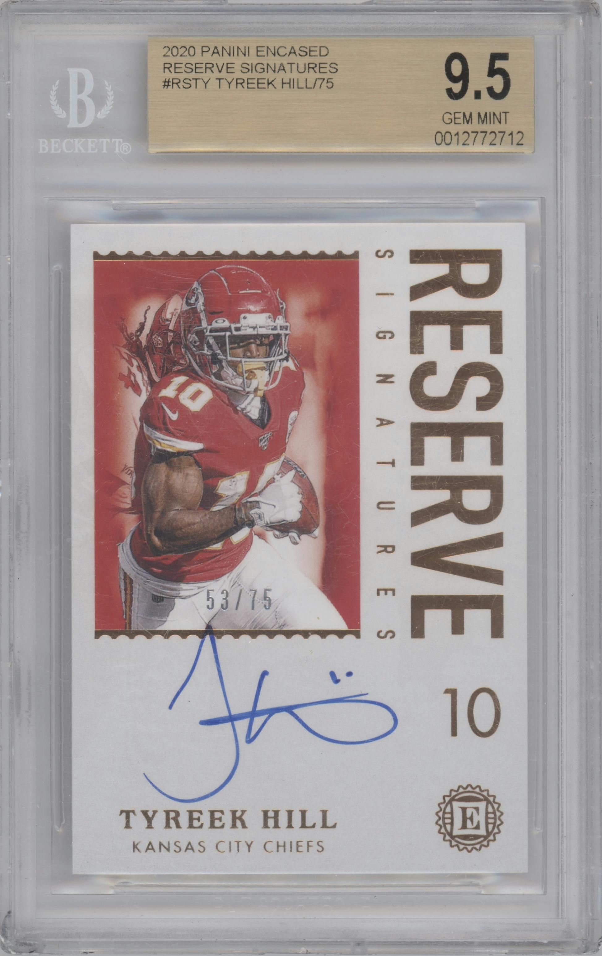 Tyreek Hill from the 2020 Panini Encased set graded by Beckett and given an overall grade of 9.5.