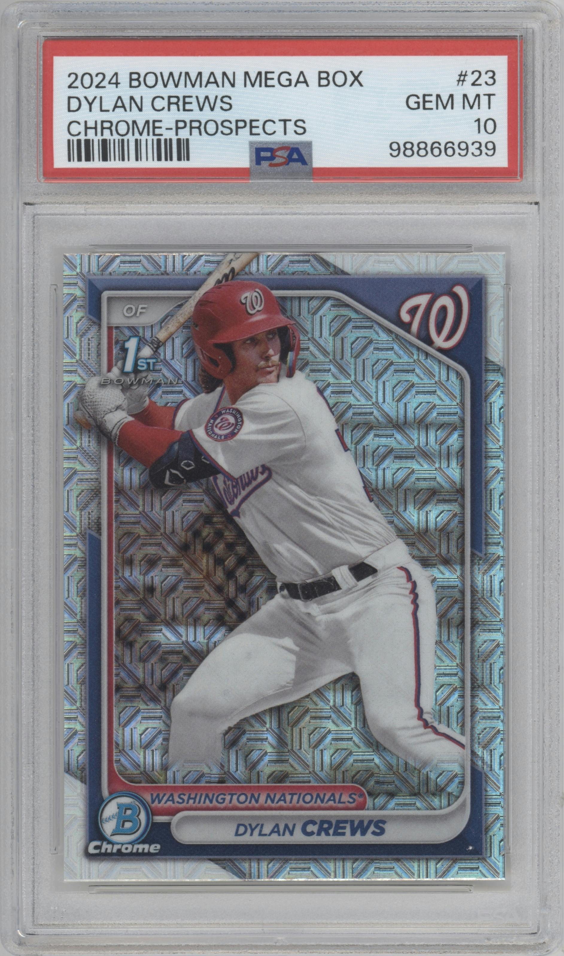 Dylan Crews from the 2024 Bowman Mega Box set graded by PSA and given an overall grade of 10.