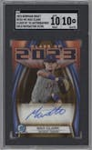 Max Clark from the 2023 Bowman Draft set featuring a Gold Refractor parallel graded by SGC and given an overall grade of 10.