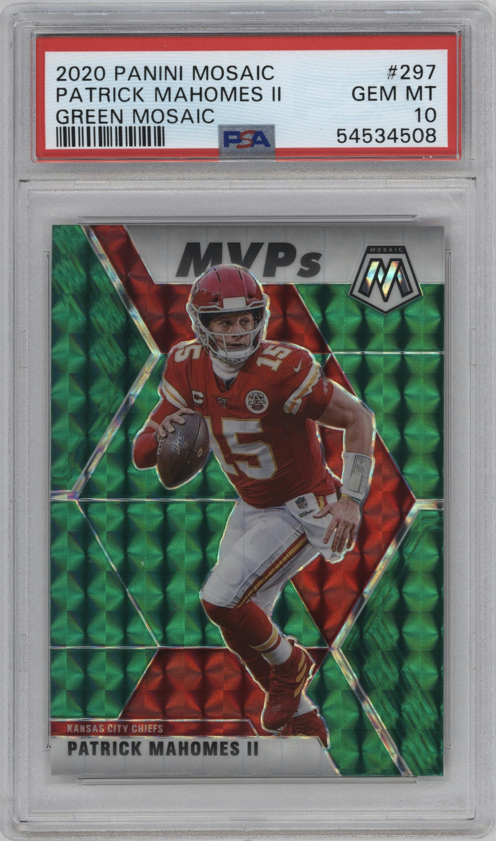 Patrick Mahomes II from the 2020 Panini Mosaic set featuring a Green Mosaic parallel graded by PSA and given an overall grade of 10.