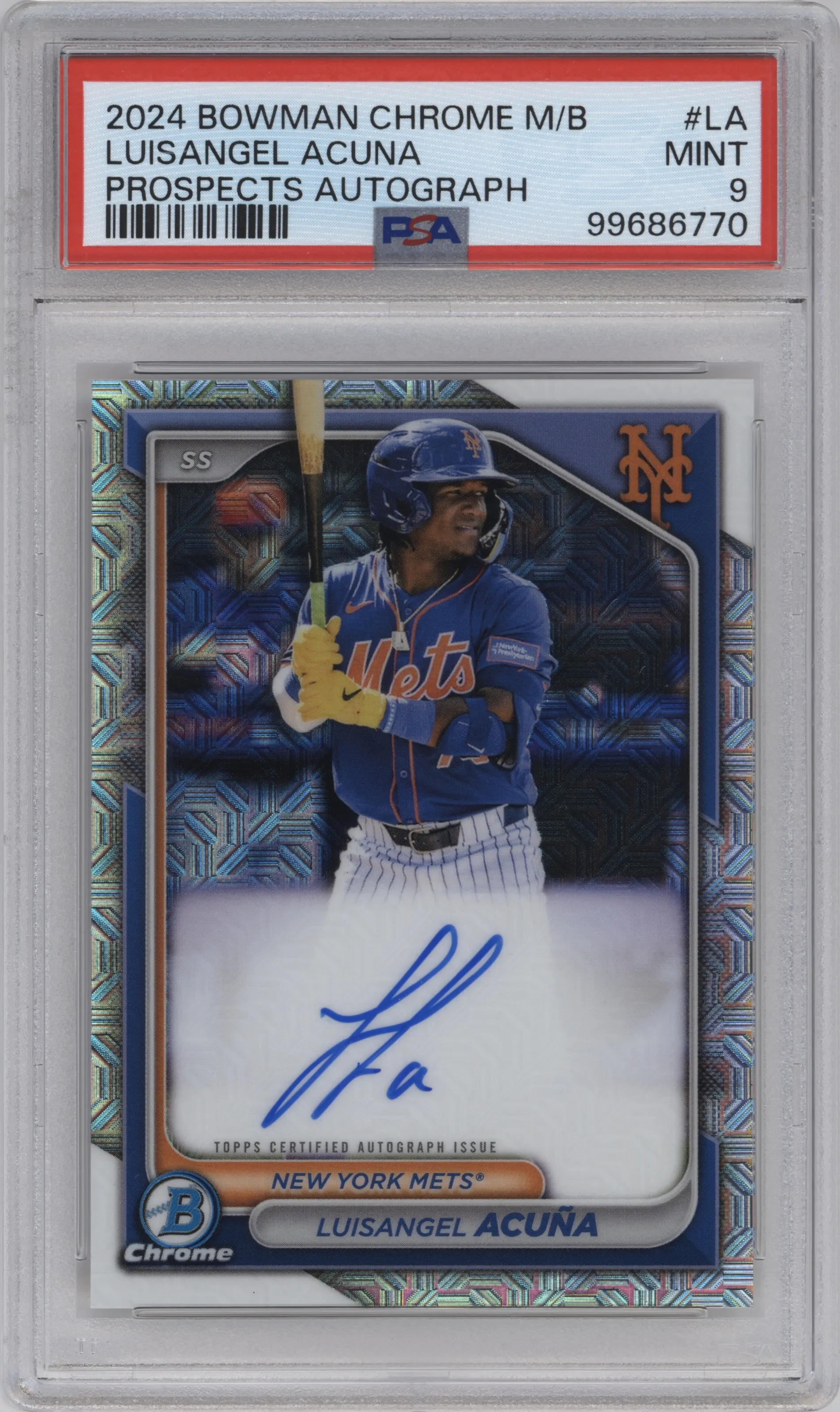 Luisangel Acuna from the 2024 Bowman Chrome Mega Box set graded by PSA and given an overall grade of 9.