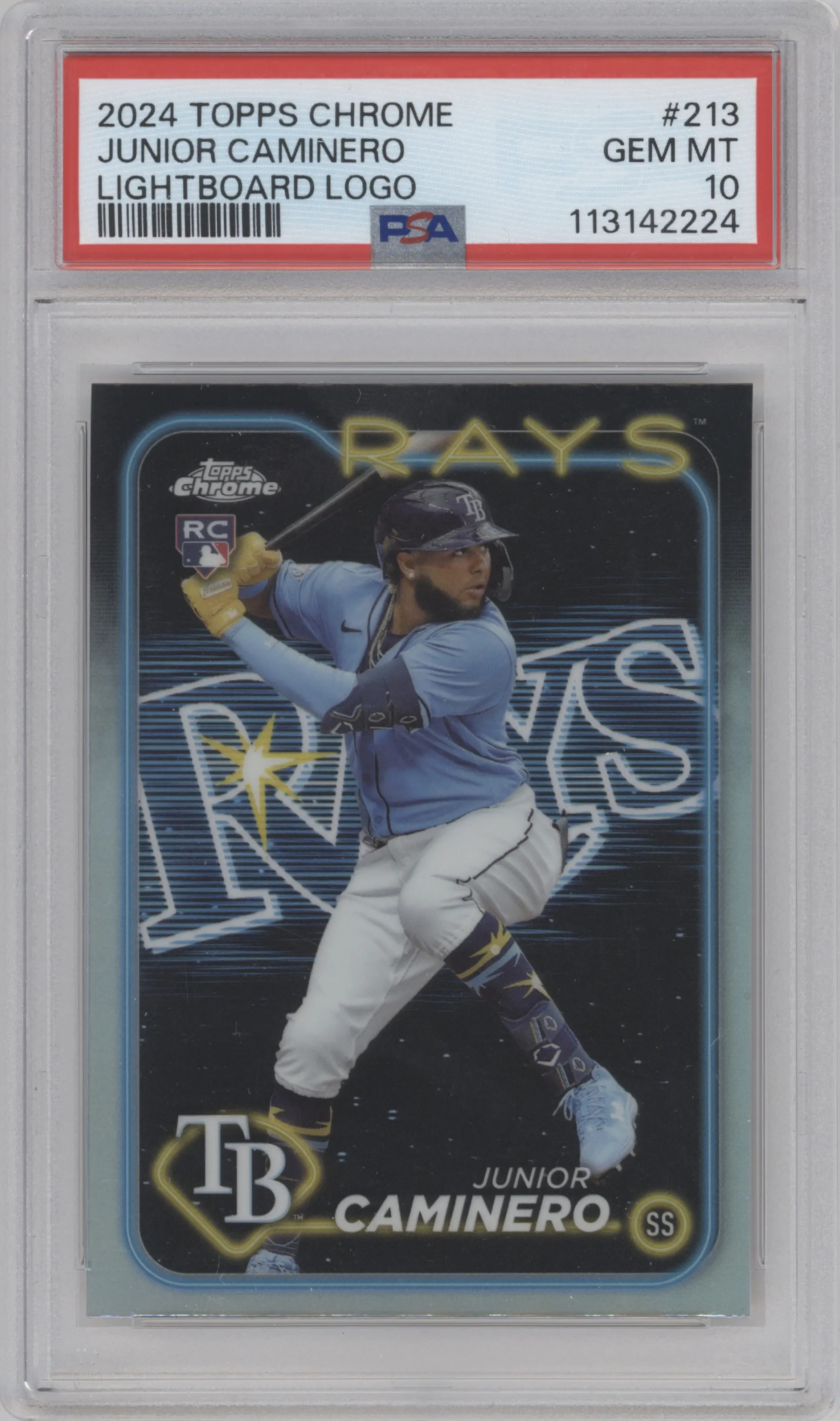 Junior Caminero from the 2024 Topps Chrome set featuring a Lightboard Logo Refractor parallel graded by PSA and given an overall grade of 10.