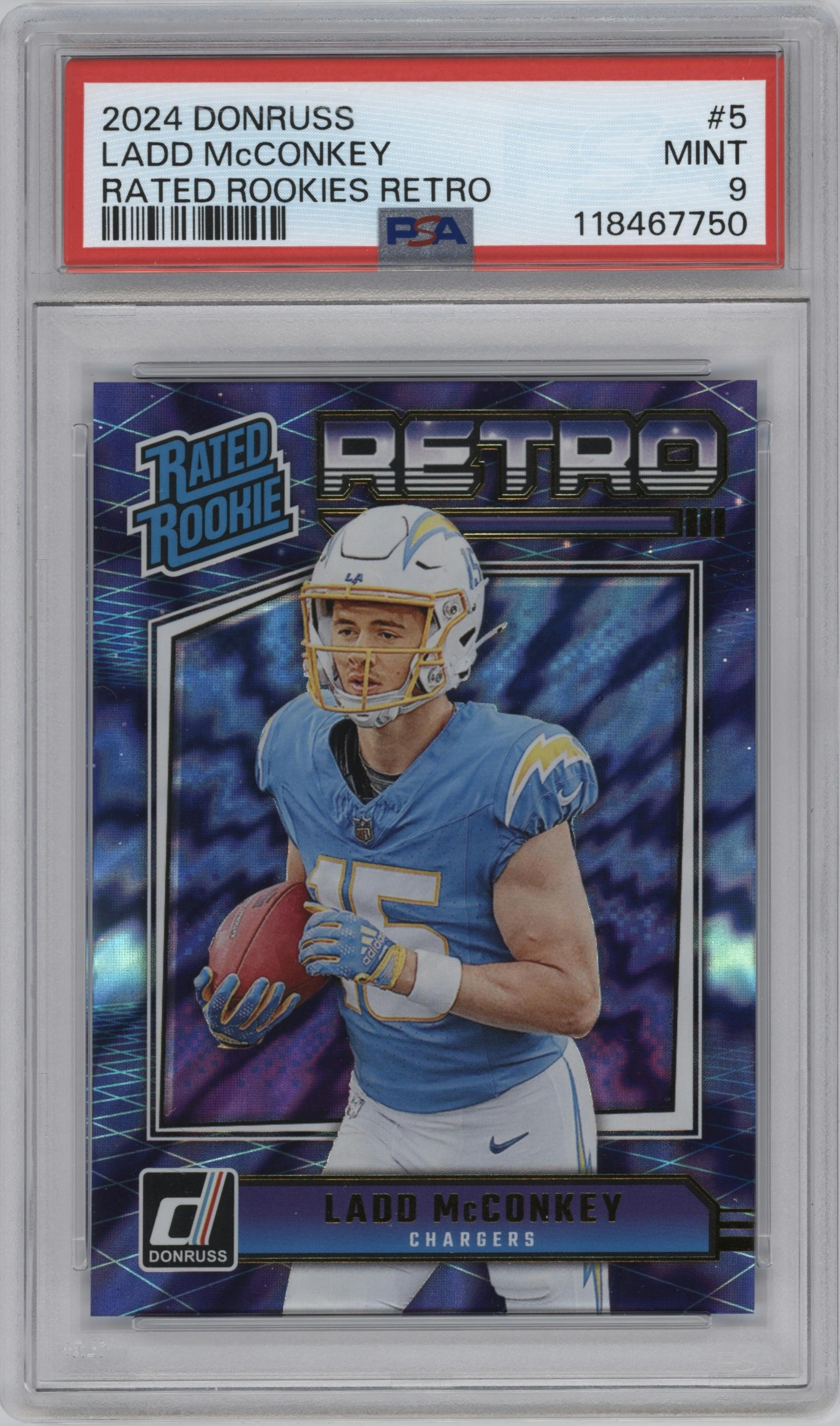 Ladd McConkey from the 2024 Donruss set graded by PSA and given an overall grade of 9.