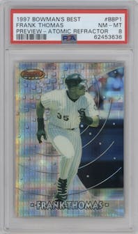 Frank Thomas from the 1997 Bowman set featuring a Atomic Refractor parallel graded by PSA and given an overall grade of 8.