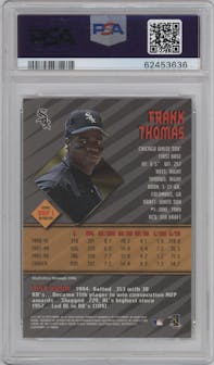 Frank Thomas from the 1997 Bowman set featuring a Atomic Refractor parallel graded by PSA and given an overall grade of 8.