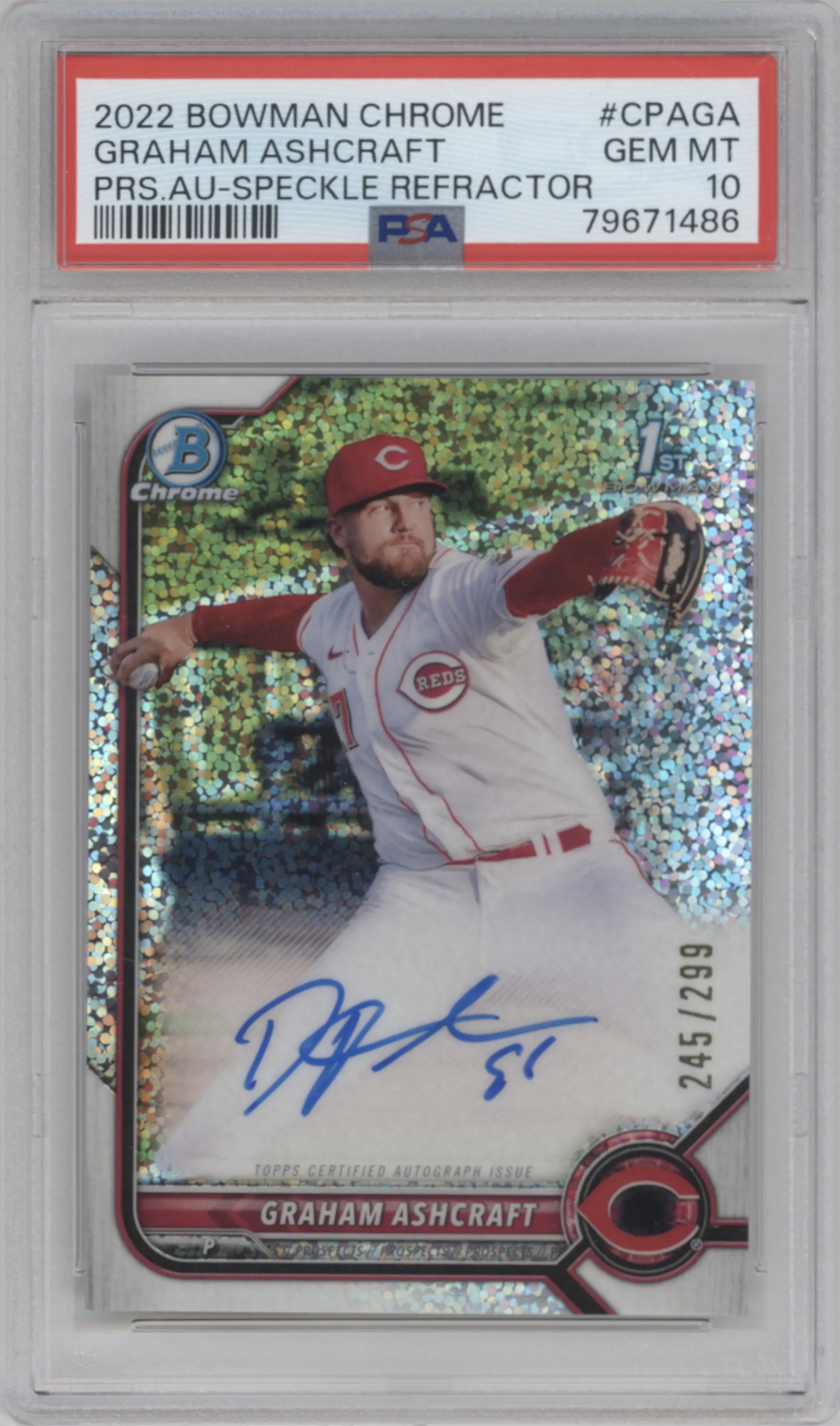 Graham Ashcraft from the 2022 Bowman Chrome set featuring a Speckle Refractor parallel graded by PSA and given an overall grade of 10.