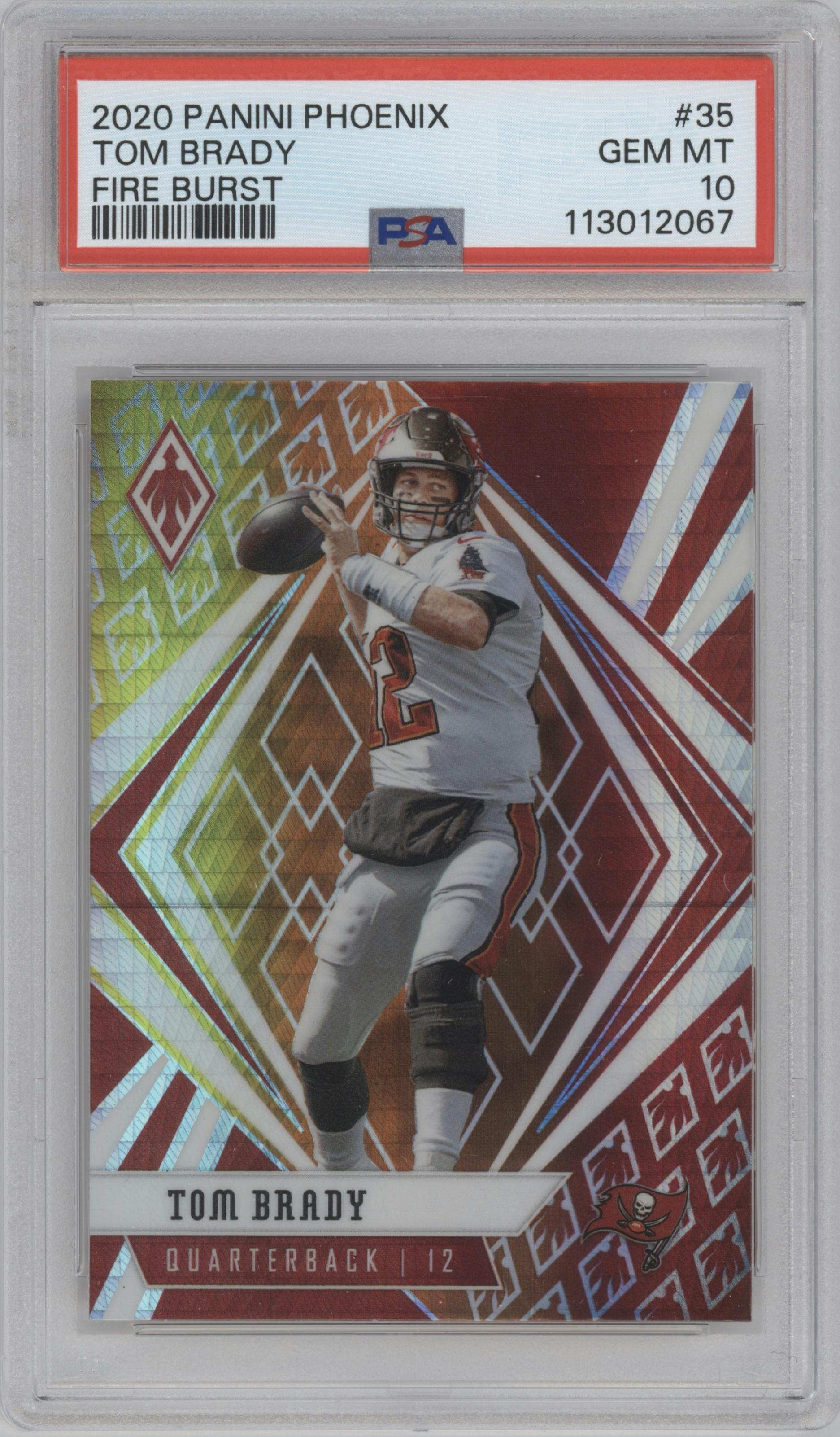 Tom Brady from the 2020 Panini Phoenix set featuring a Fire Burst parallel graded by PSA and given an overall grade of 10.