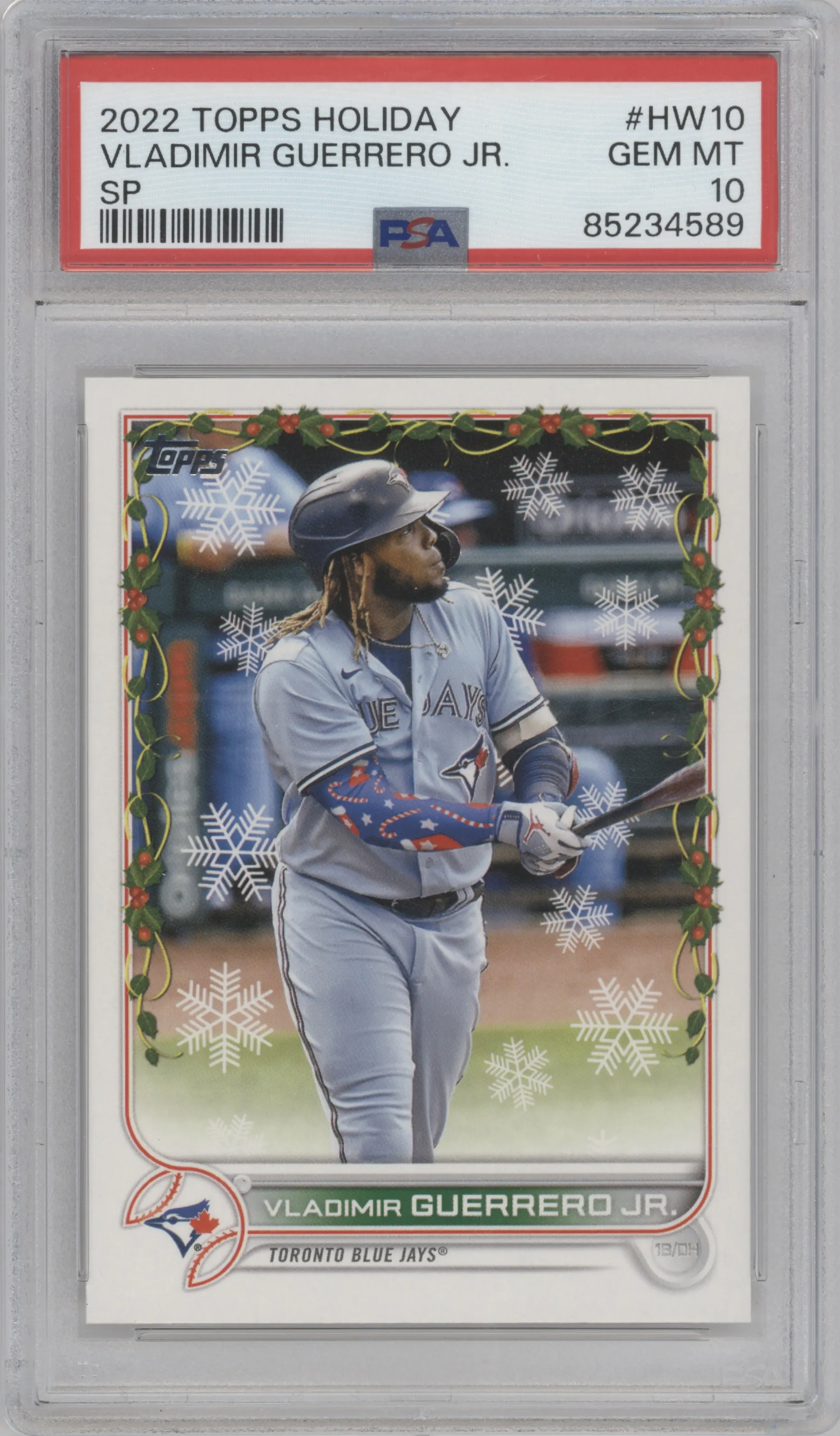 Vladimir Guerrero Jr. from the 2022 Topps Holiday set graded by PSA and given an overall grade of 10.