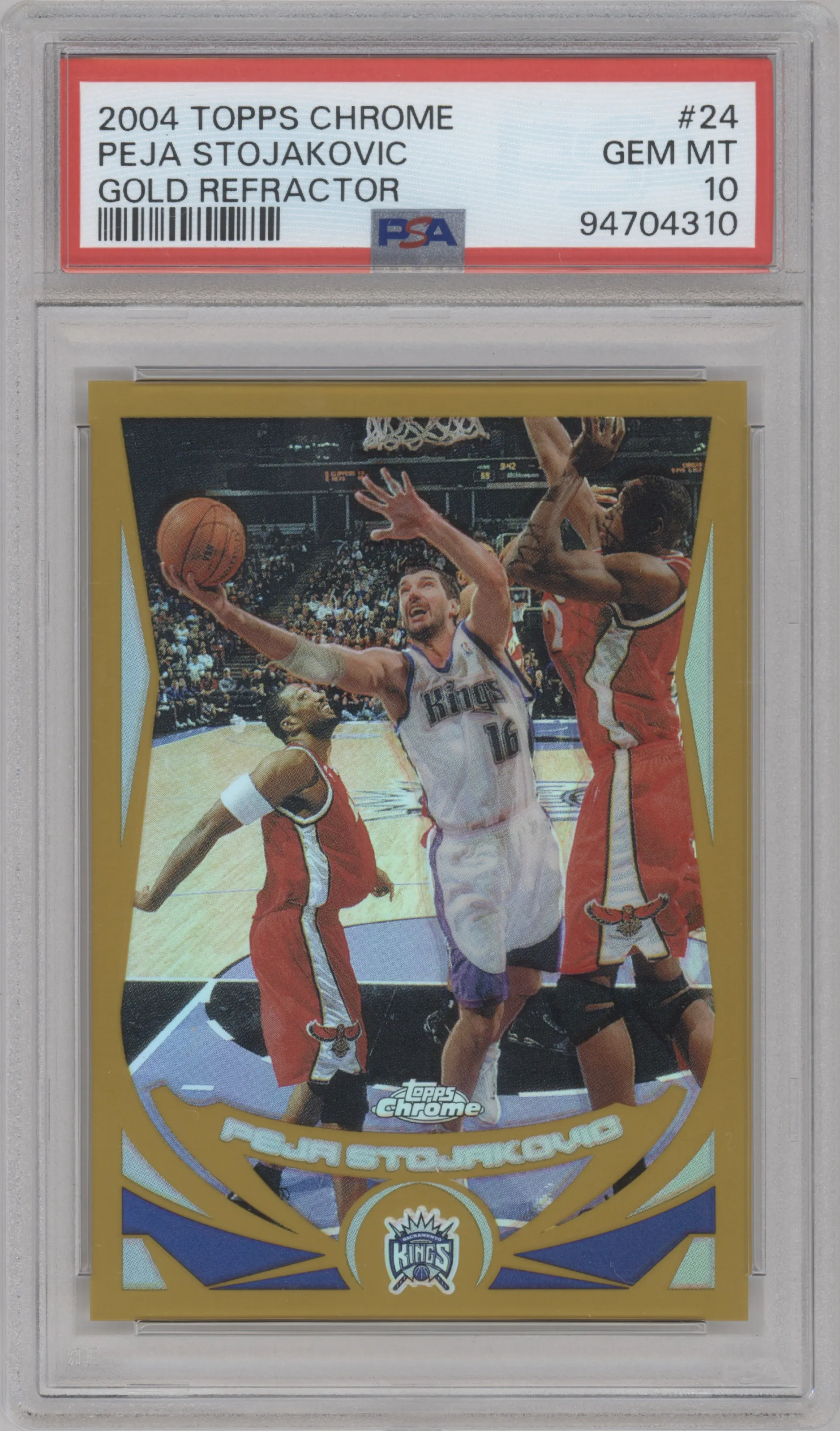 Peja Stojakovic from the 2004-05 Topps Chrome set featuring a Gold Refractor parallel graded by PSA and given an overall grade of 10.