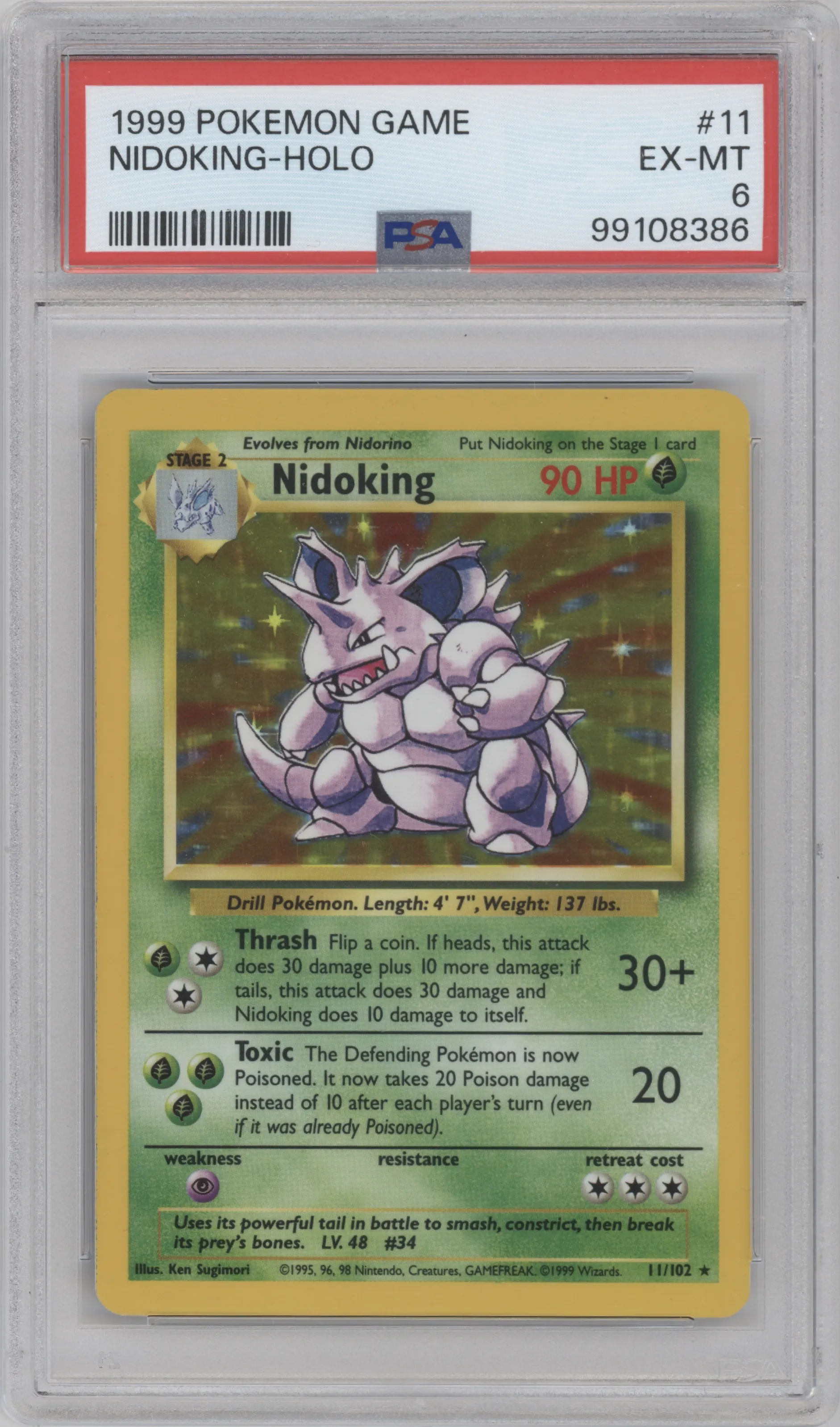 Nidoking from the 1999 Pokemon set graded by PSA and given an overall grade of 6.