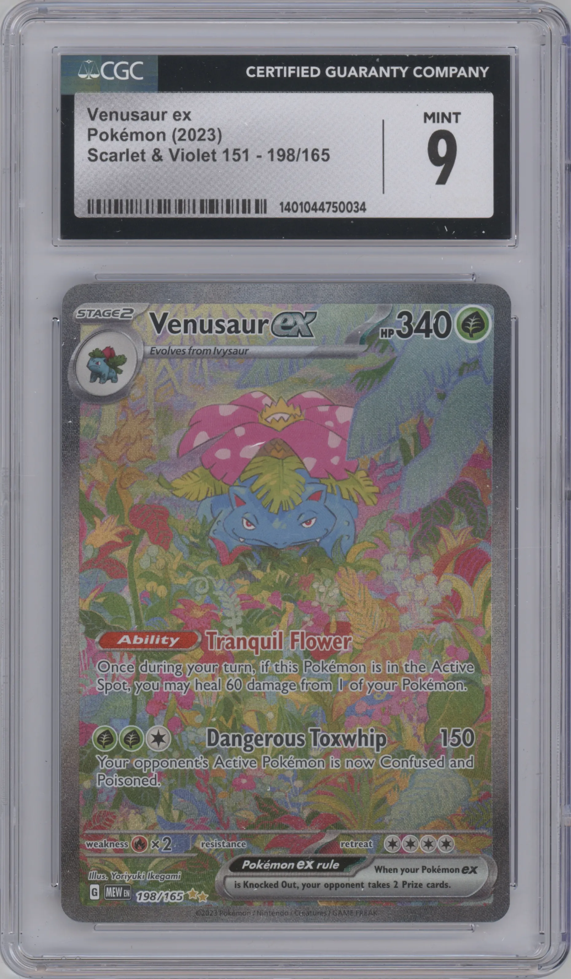 Venusaur ex from the 2023 Pokemon SV set graded by CSG and given an overall grade of 9.
