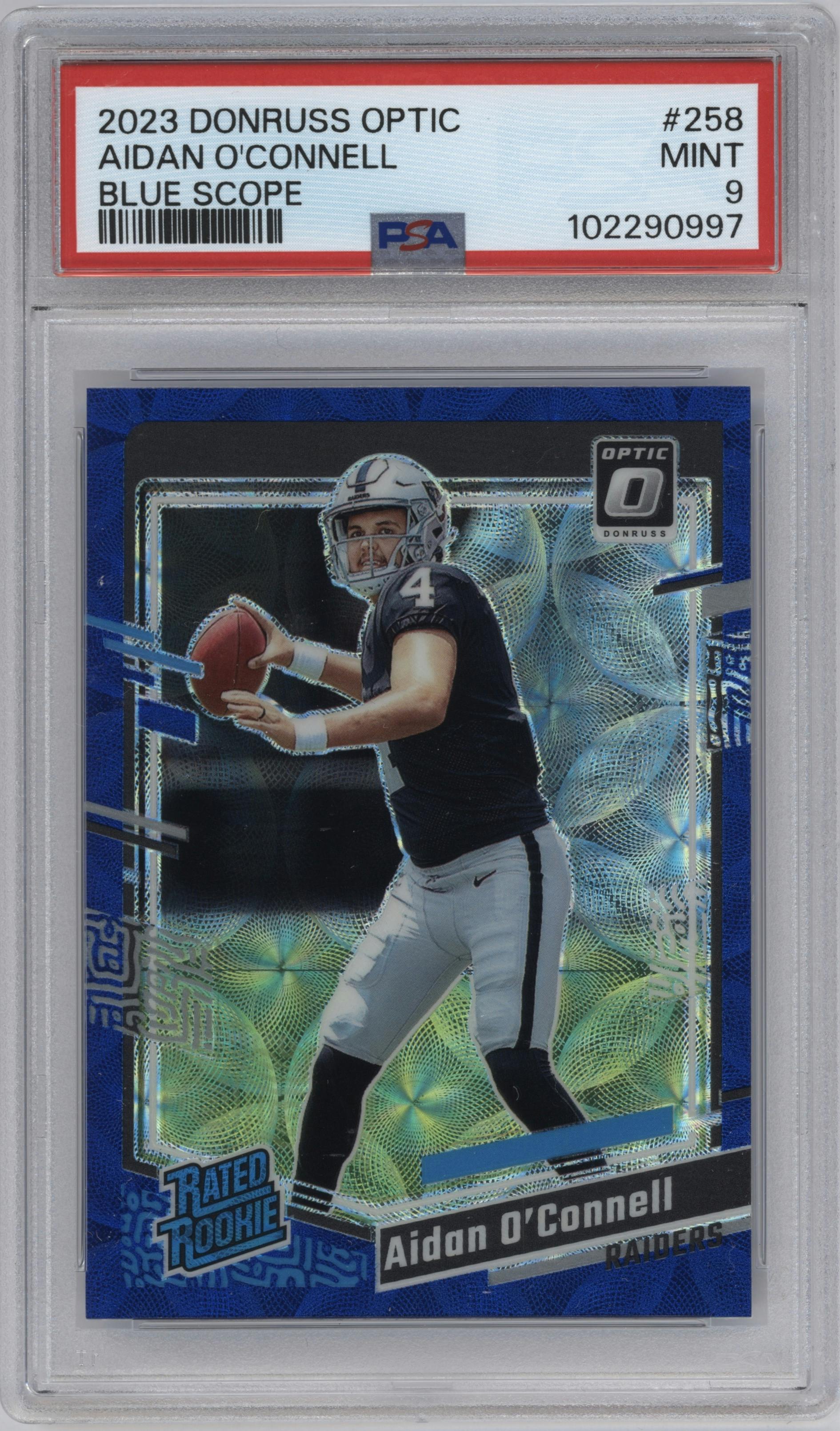 Aidan O'Connell from the 2023 Donruss Optic set featuring a Blue Scope parallel graded by PSA and given an overall grade of 9.