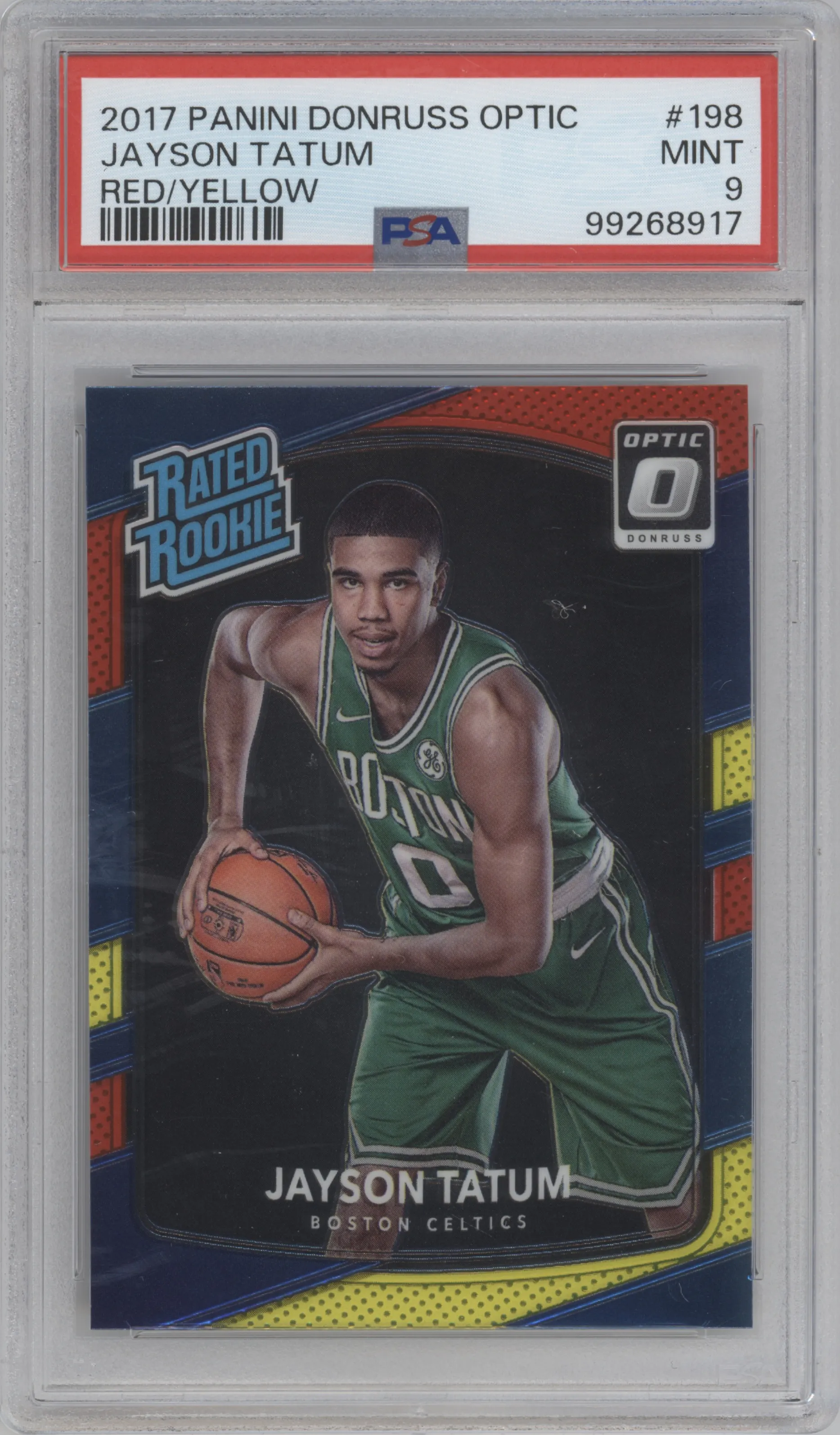 Jayson Tatum from the 2017-18 Panini Donruss Optic set featuring a Red/Yellow  parallel graded by PSA and given an overall grade of 9.