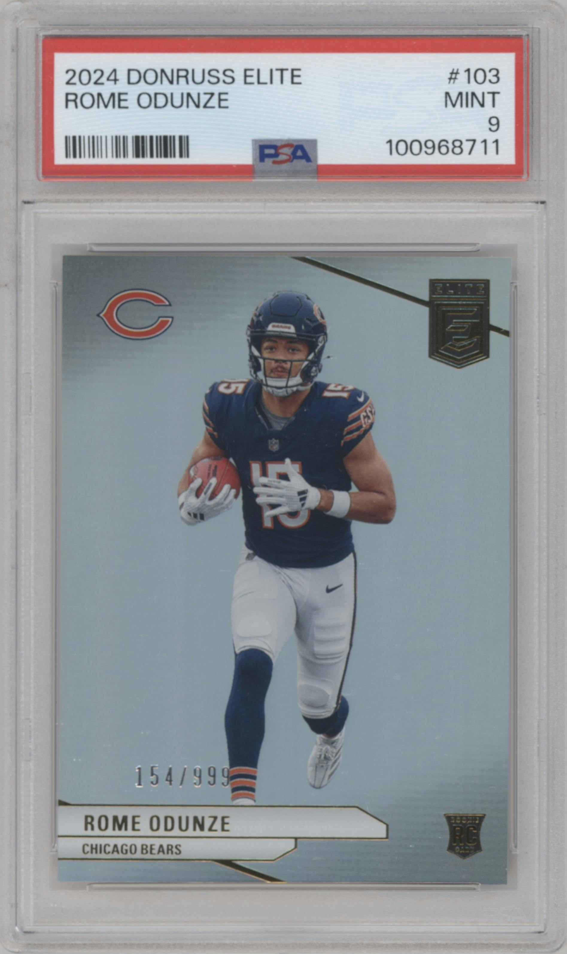 Rome Odunze from the 2024 Panini Donruss Elite set graded by PSA and given an overall grade of 9.
