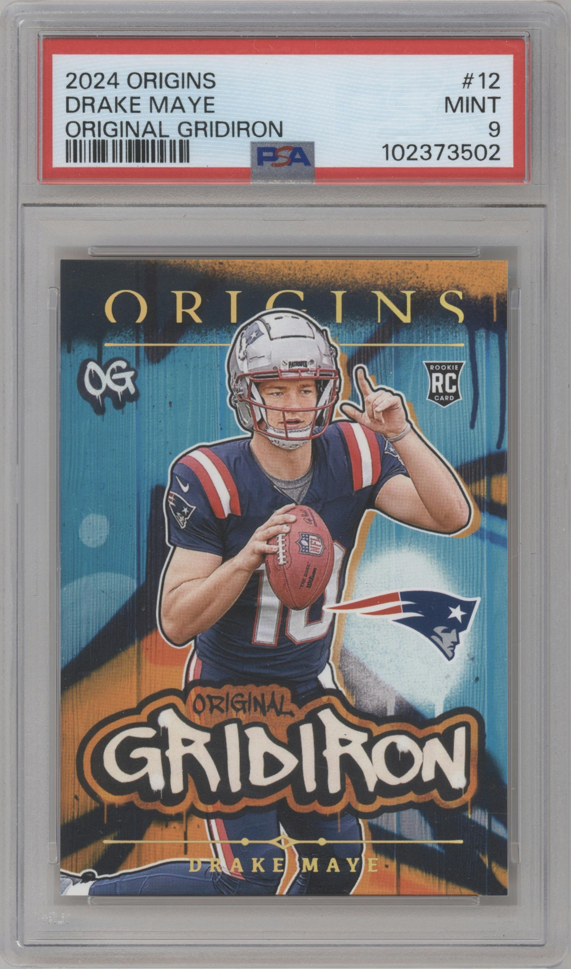 Drake Maye from the 2024 Panini Origins set graded by PSA and given an overall grade of 9.