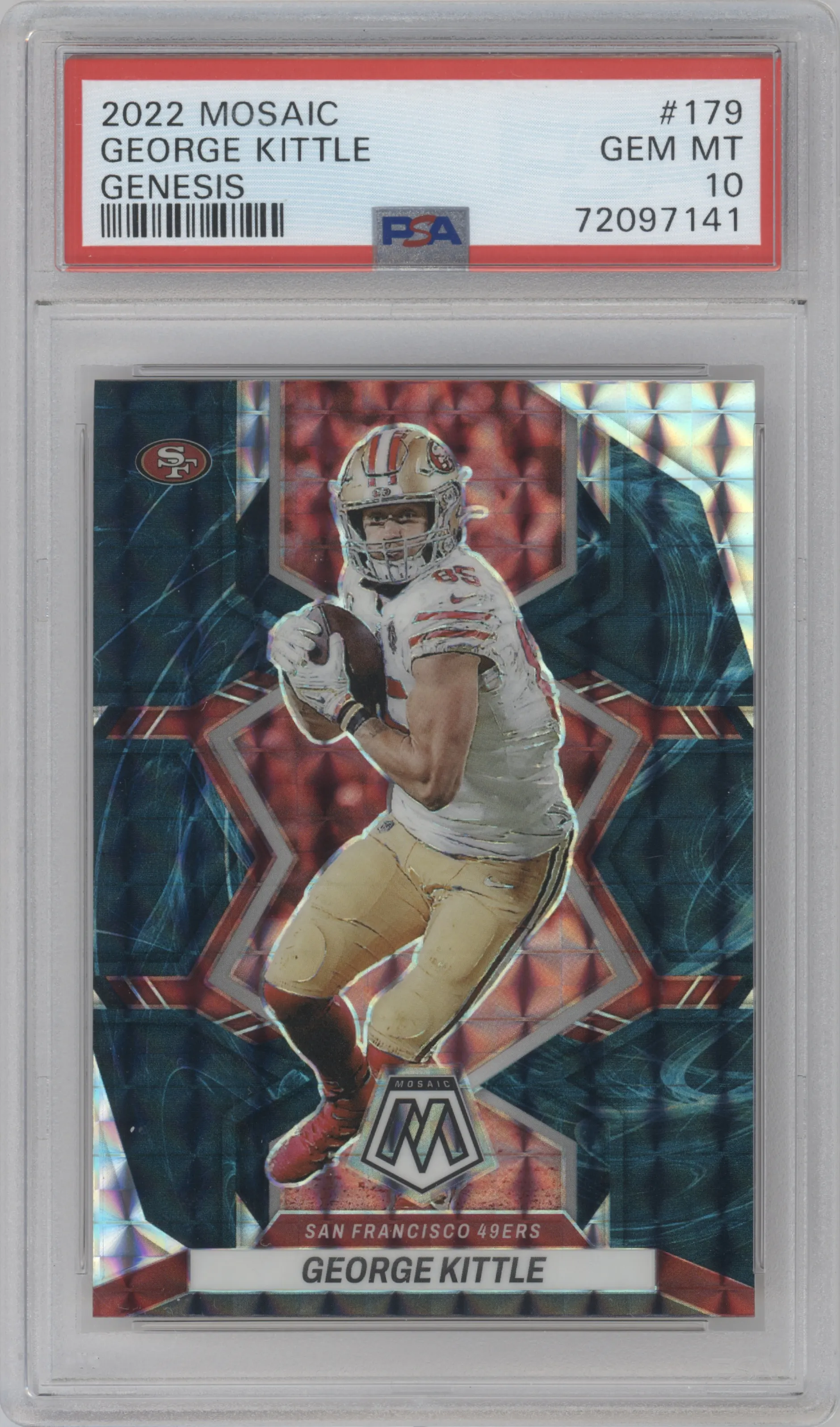 George Kittle from the 2022 Panini Mosaic set featuring a Genesis parallel graded by PSA and given an overall grade of 10.