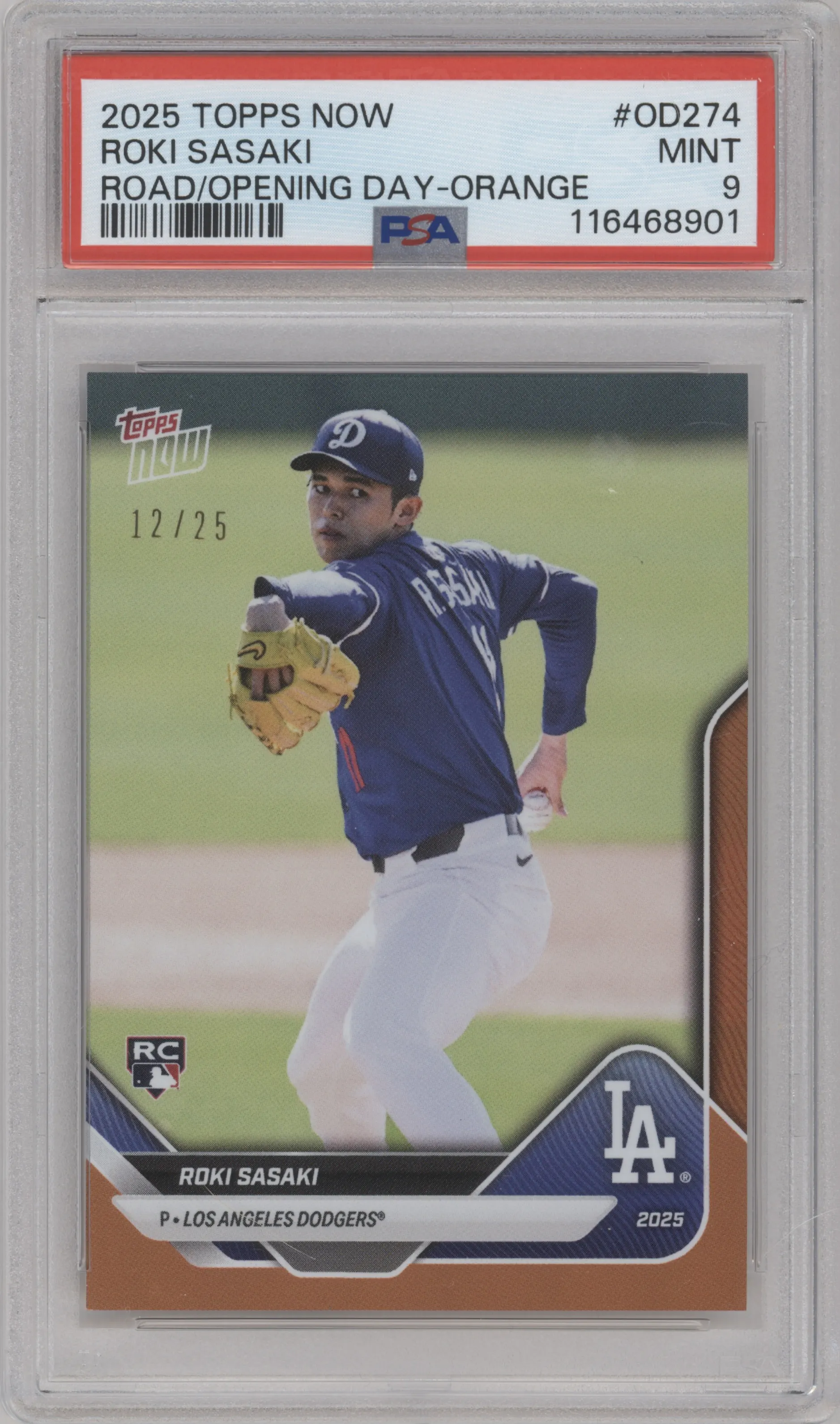 Roki Sasaki from the 2025 Topps Now Road to Opening Day Los Angeles Dodgers set featuring a Orange parallel graded by PSA and given an overall grade of 9.