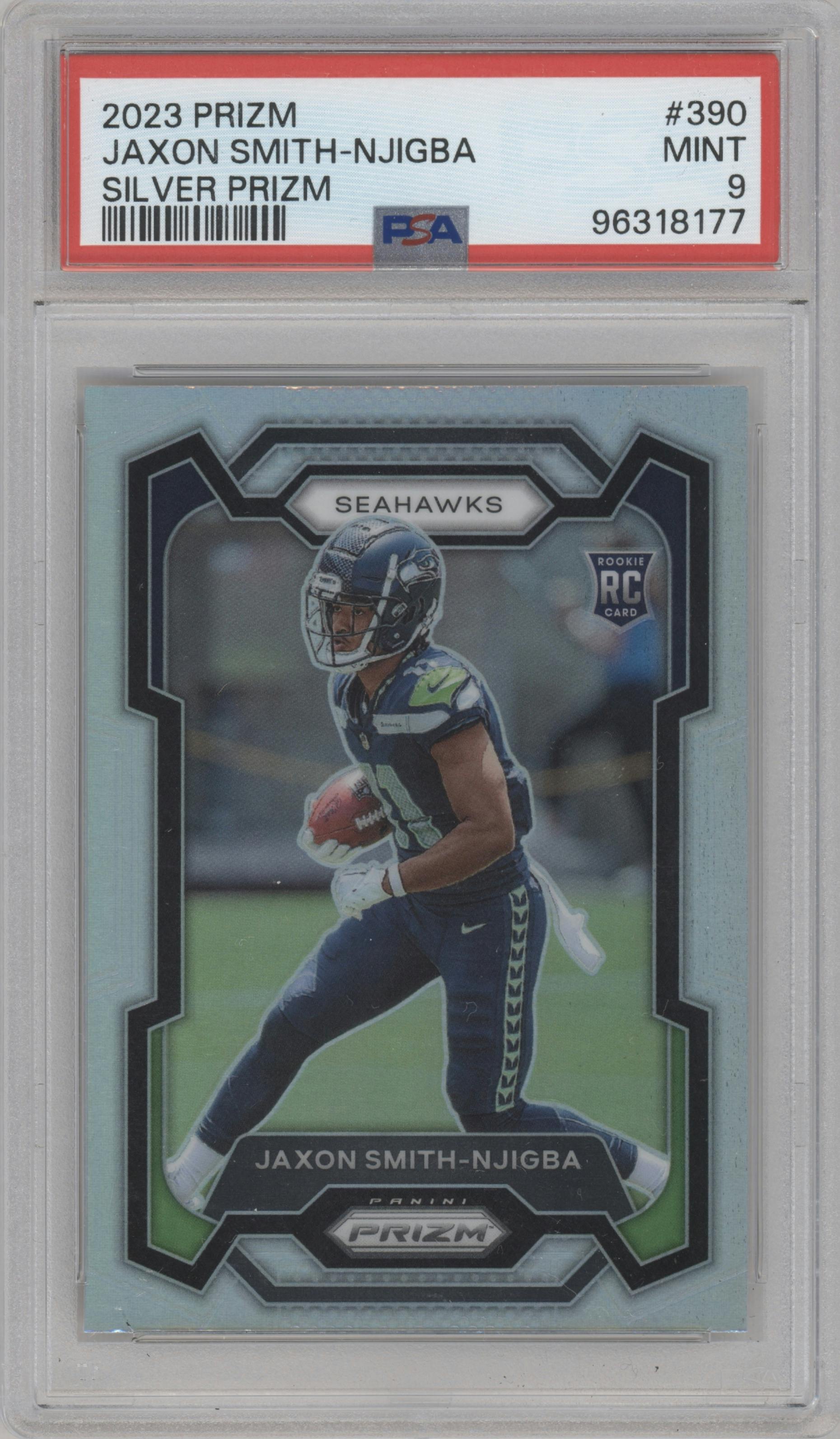 Jaxon Smith-Njigba from the 2023 Panini Prizm set featuring a Silver Prizm parallel graded by PSA and given an overall grade of 9.