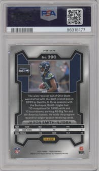 Jaxon Smith-Njigba from the 2023 Panini Prizm set featuring a Silver Prizm parallel graded by PSA and given an overall grade of 9.