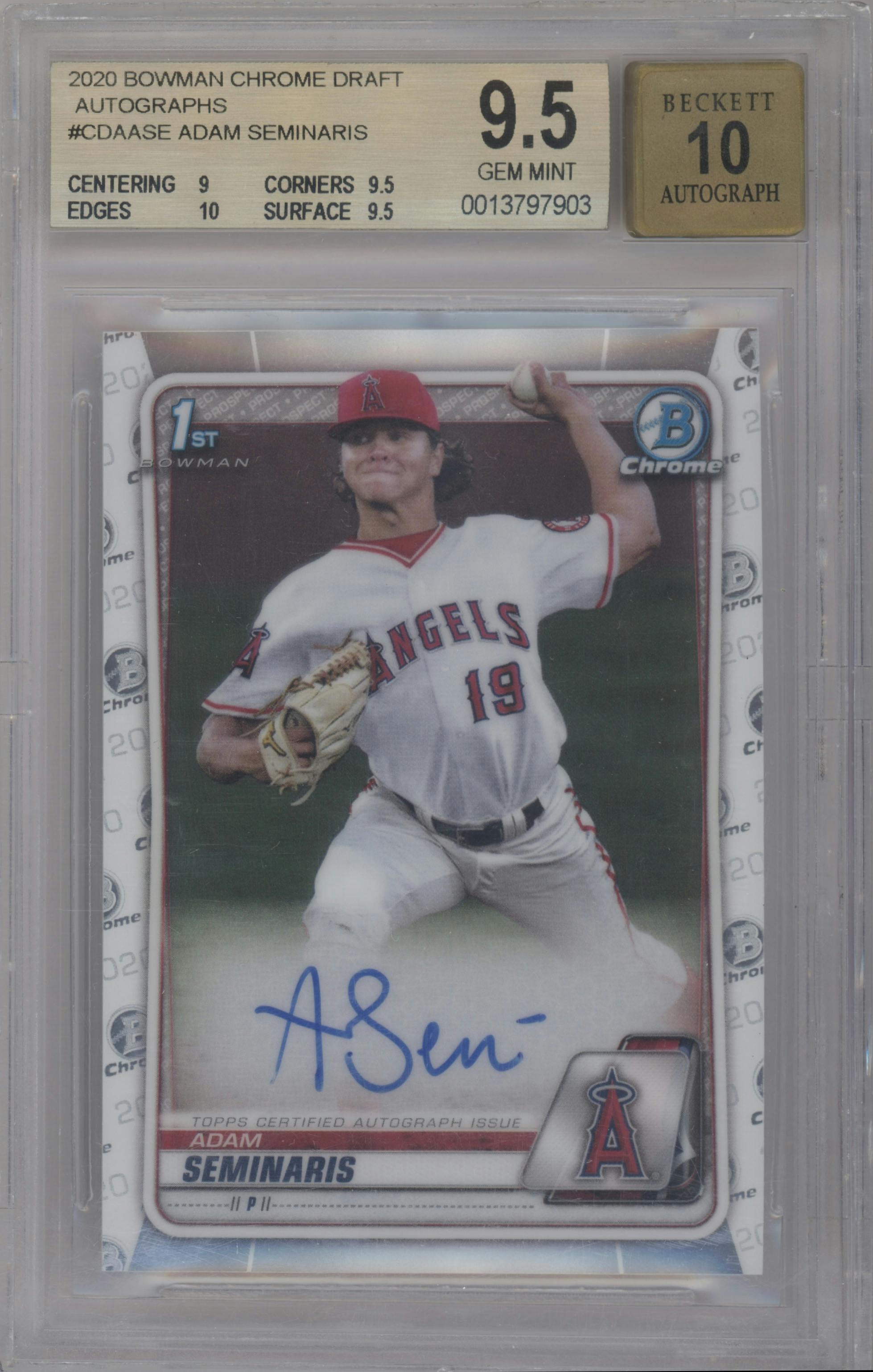 Adam Seminaris from the 2020 Bowman Draft set graded by Beckett and given an overall grade of 9.5.