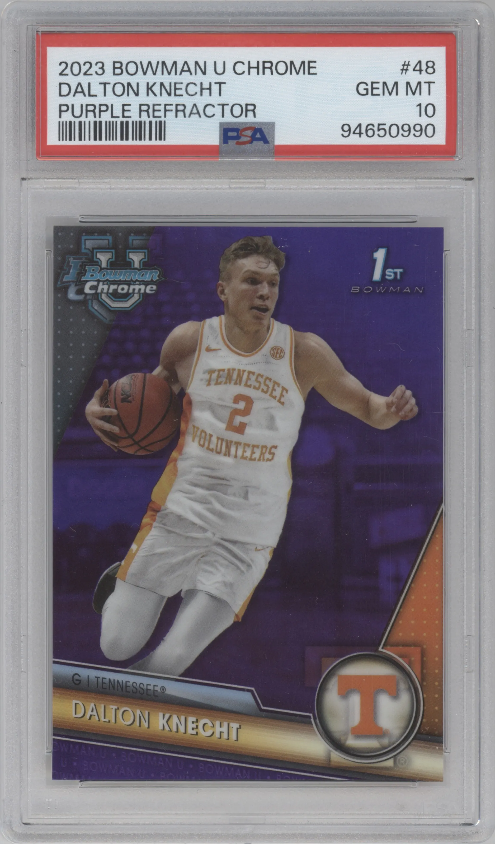 Dalton Knecht  from the 2023-24 Bowman U Chrome set featuring a  Purple Refractor parallel graded by PSA and given an overall grade of 10.