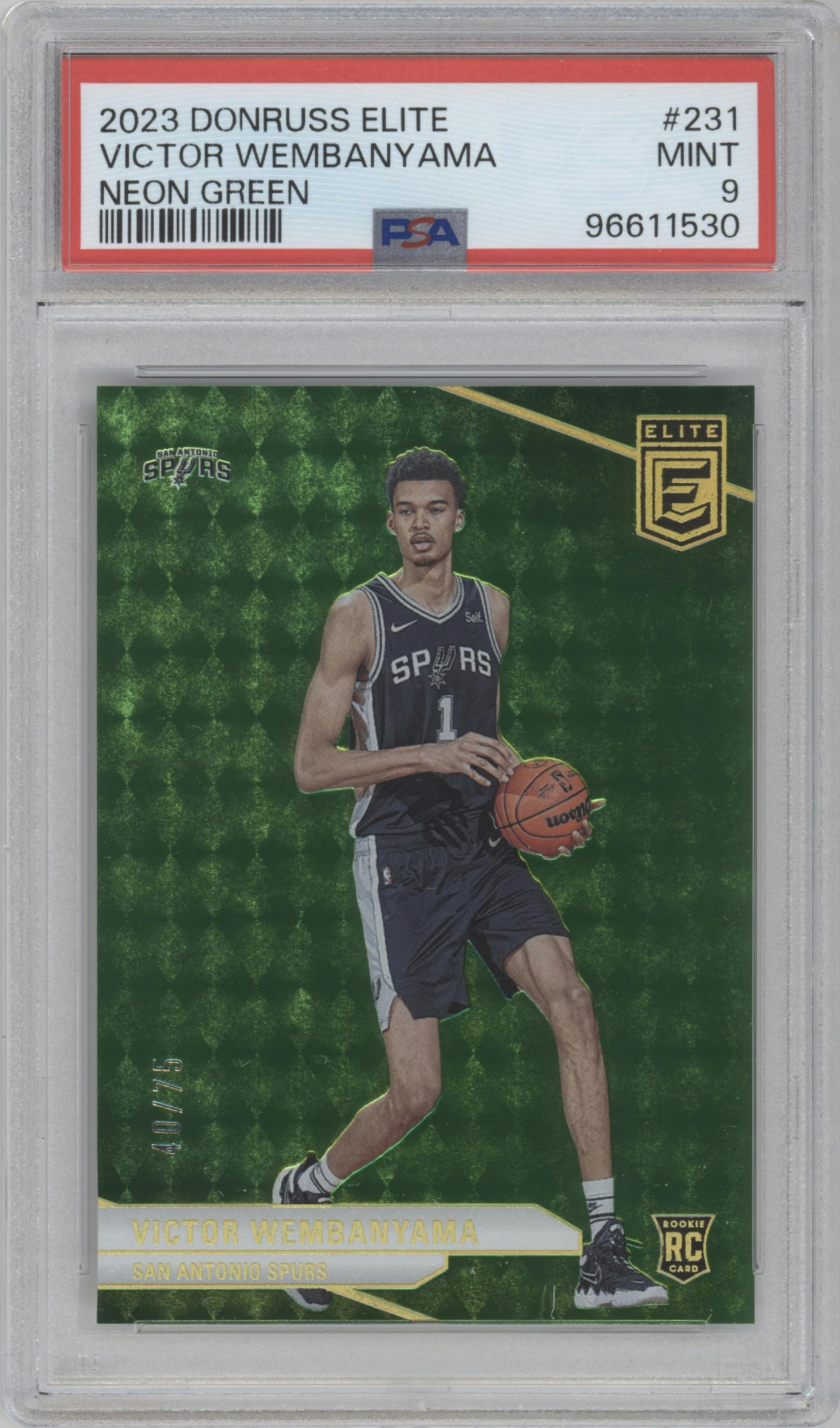 Victor Wembanyama from the 2023-24 Panini Donruss Elite set featuring a Neon Green parallel graded by PSA and given an overall grade of 9.
